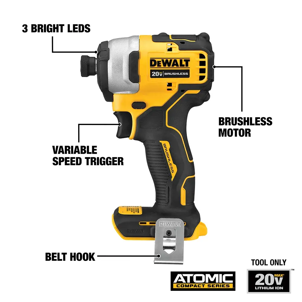 A DEWALT DCF809B 20V Atomic Compact Series cordless impact driver with brushless motor, labeled features including 3 bright LEDs, variable speed trigger, and belt hook. The tool is shown without battery, highlighting its compact and ergonomic design.