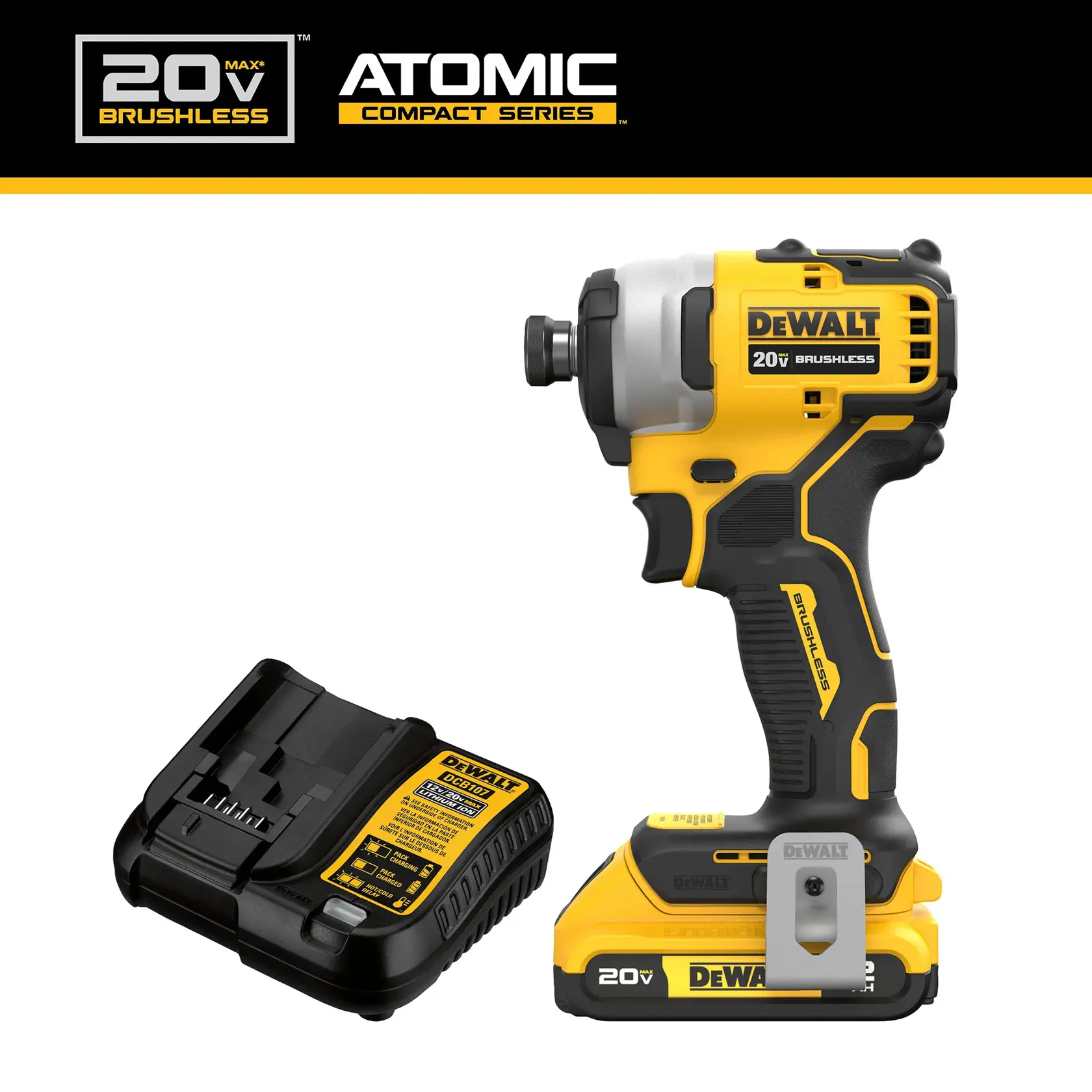 DEWALT 20V MAX ATOMIC Compact Series brushless impact driver kit, including a yellow and black cordless impact driver, battery, and charger.