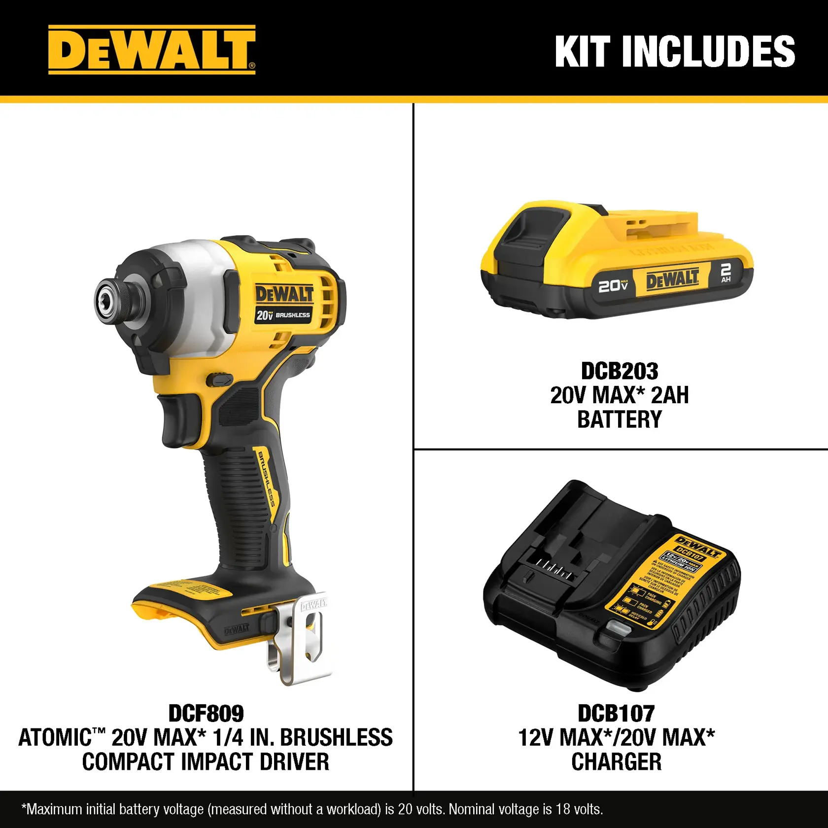 Image showing contents of a DEWALT kit. Includes an ATOMIC 20V MAX 1/4 inch brushless compact impact driver (DCF809), a 20V MAX 2Ah battery (DCB203), and a 12V MAX/20V MAX charger (DCB107). All items are shown individually with product numbers and names.
