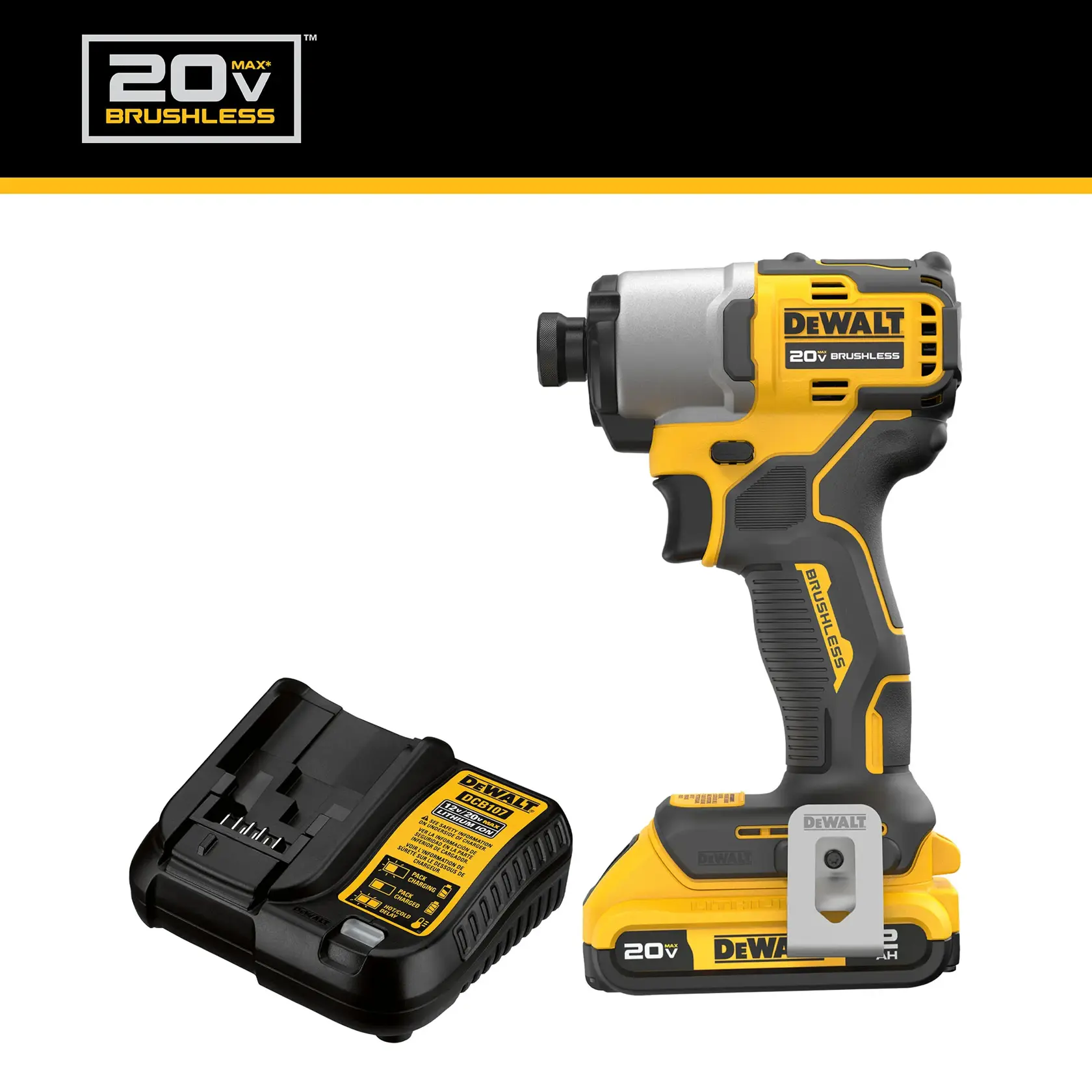 Image of a DEWALT 20V Max Brushless impact driver and its battery charger. The impact driver is yellow and black with a 20V battery attached, and the battery charger is placed beside it. The DEWALT branding is visible on the tools.