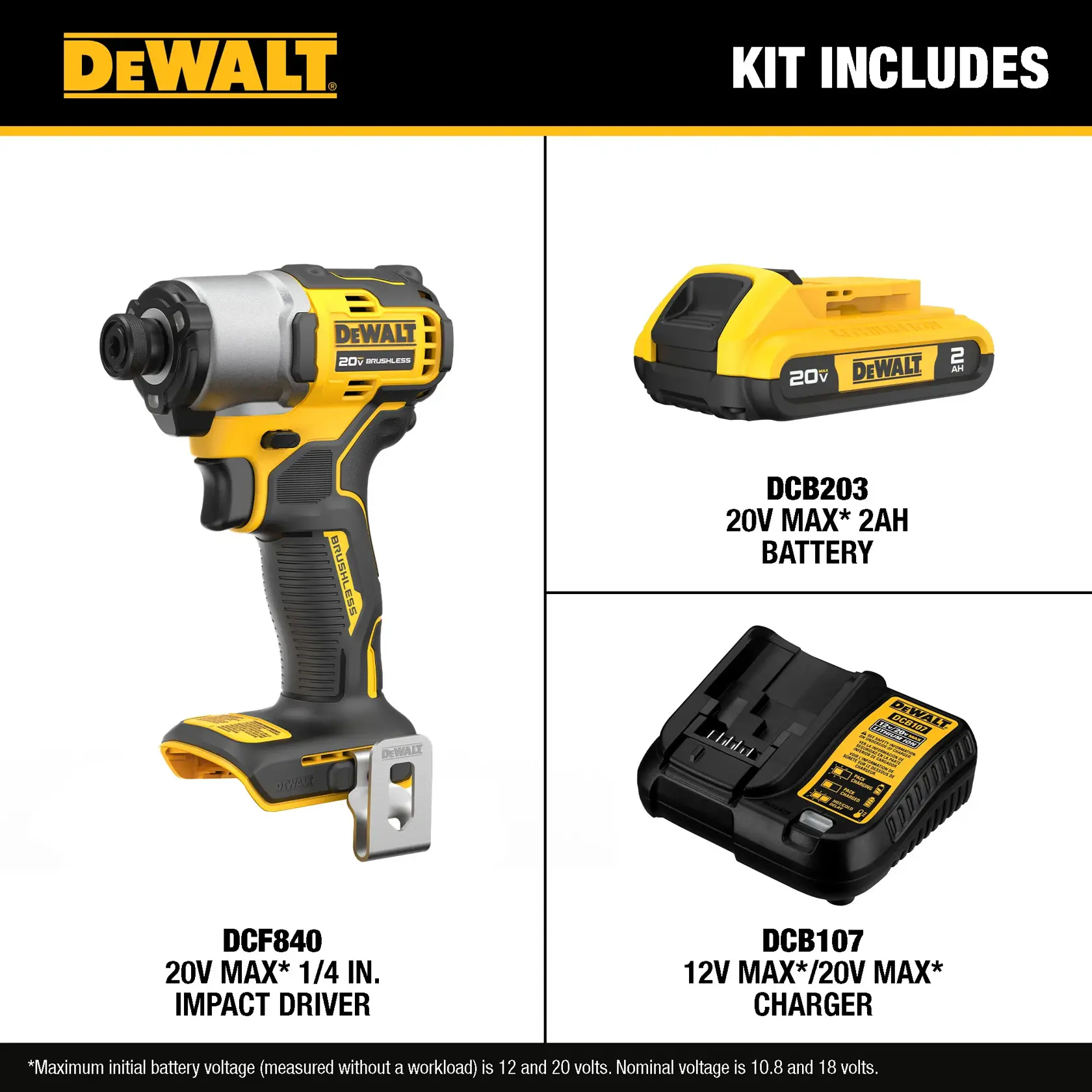 Kit includes DEWALT 20V MAX 1/4 inch impact driver (model DCF840), a 20V MAX 2Ah battery (model DCB203), and a 12V MAX/20V MAX charger (model DCB107).
