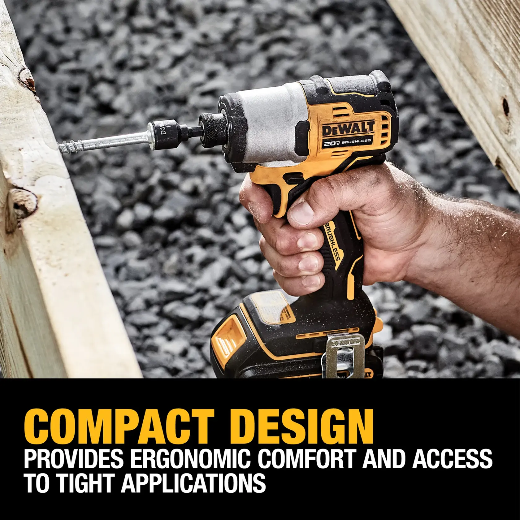 A person using a DEWALT 20V brushless cordless impact driver, driving a screw into wood. The image highlights the tool’s compact design, offering ergonomic comfort and easy access in tight spaces.