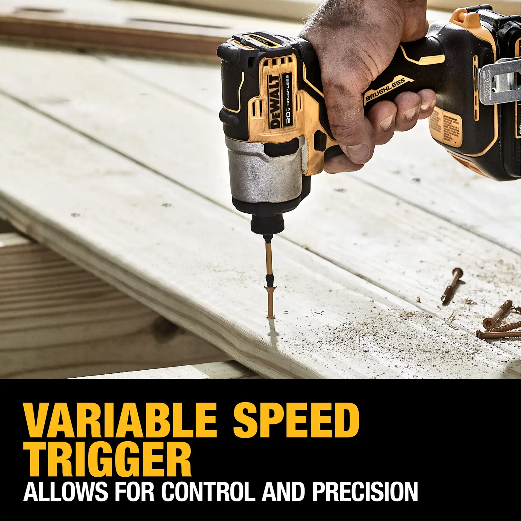 A DEWALT 20V cordless impact driver being used to drive a screw into a wooden board. The image highlights the tool's variable speed trigger feature, which allows for control and precision. Bold text displays 'Variable Speed Trigger' and 'Allows for control and precision' at the bottom.