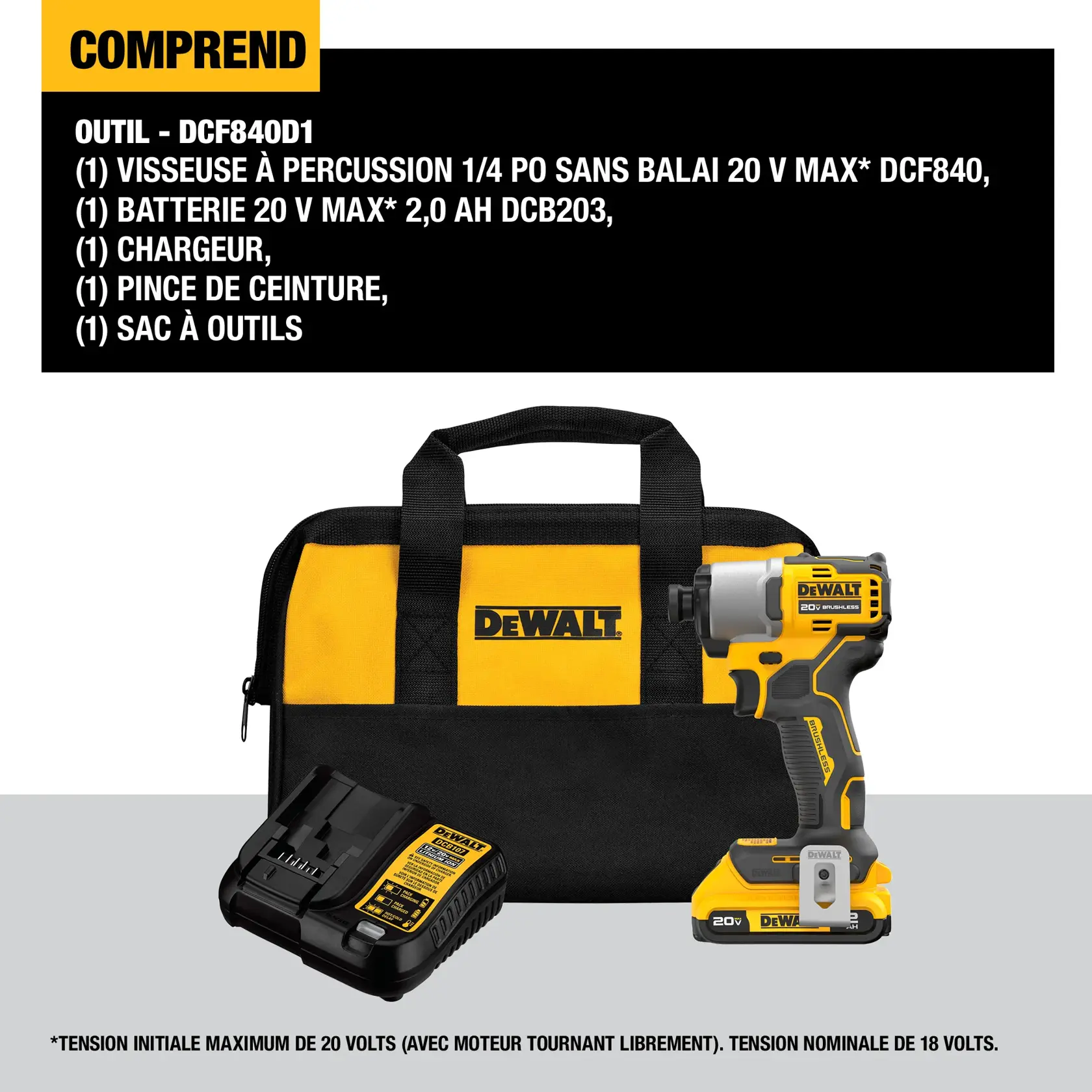 Image of a DEWALT 20V Max Brushless impact driver and its battery charger. The impact driver is yellow and black with a 20V battery attached, and the battery charger is placed beside it. The DEWALT branding is visible on the tools.