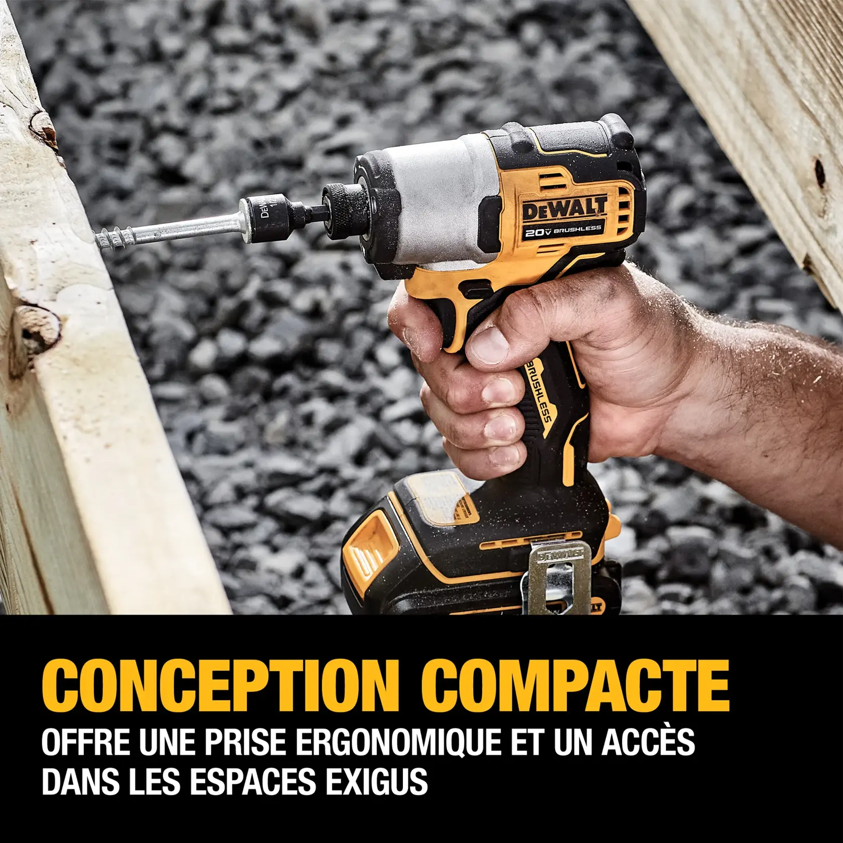 A person using a DEWALT 20V brushless cordless impact driver, driving a screw into wood. The image highlights the tool’s compact design, offering ergonomic comfort and easy access in tight spaces.