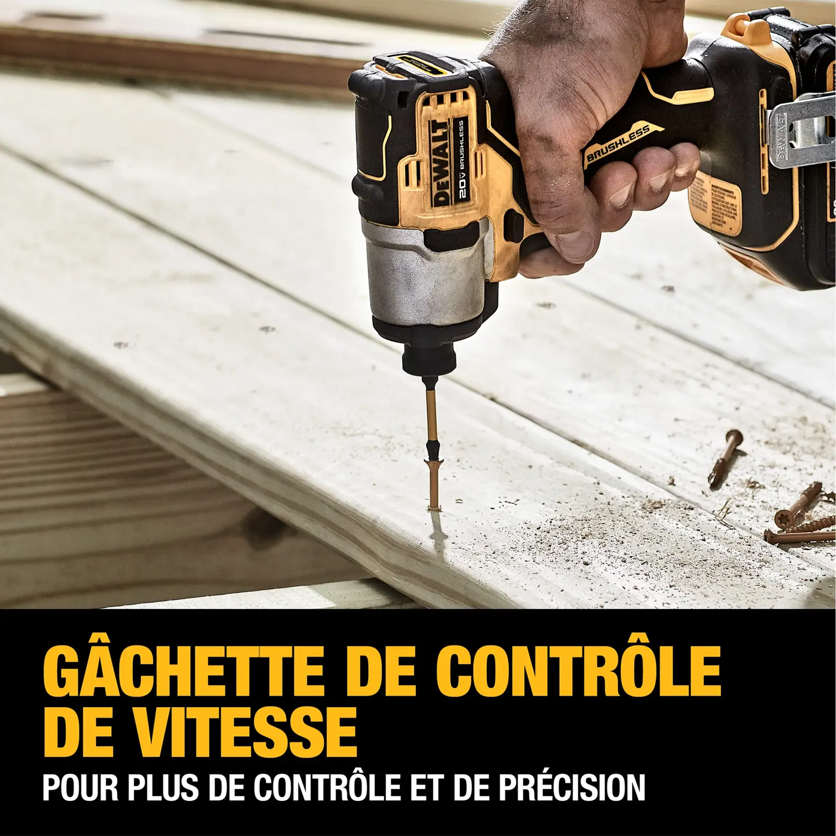 A DEWALT 20V cordless impact driver being used to drive a screw into a wooden board. The image highlights the tool's variable speed trigger feature, which allows for control and precision. Bold text displays 'Variable Speed Trigger' and 'Allows for control and precision' at the bottom.