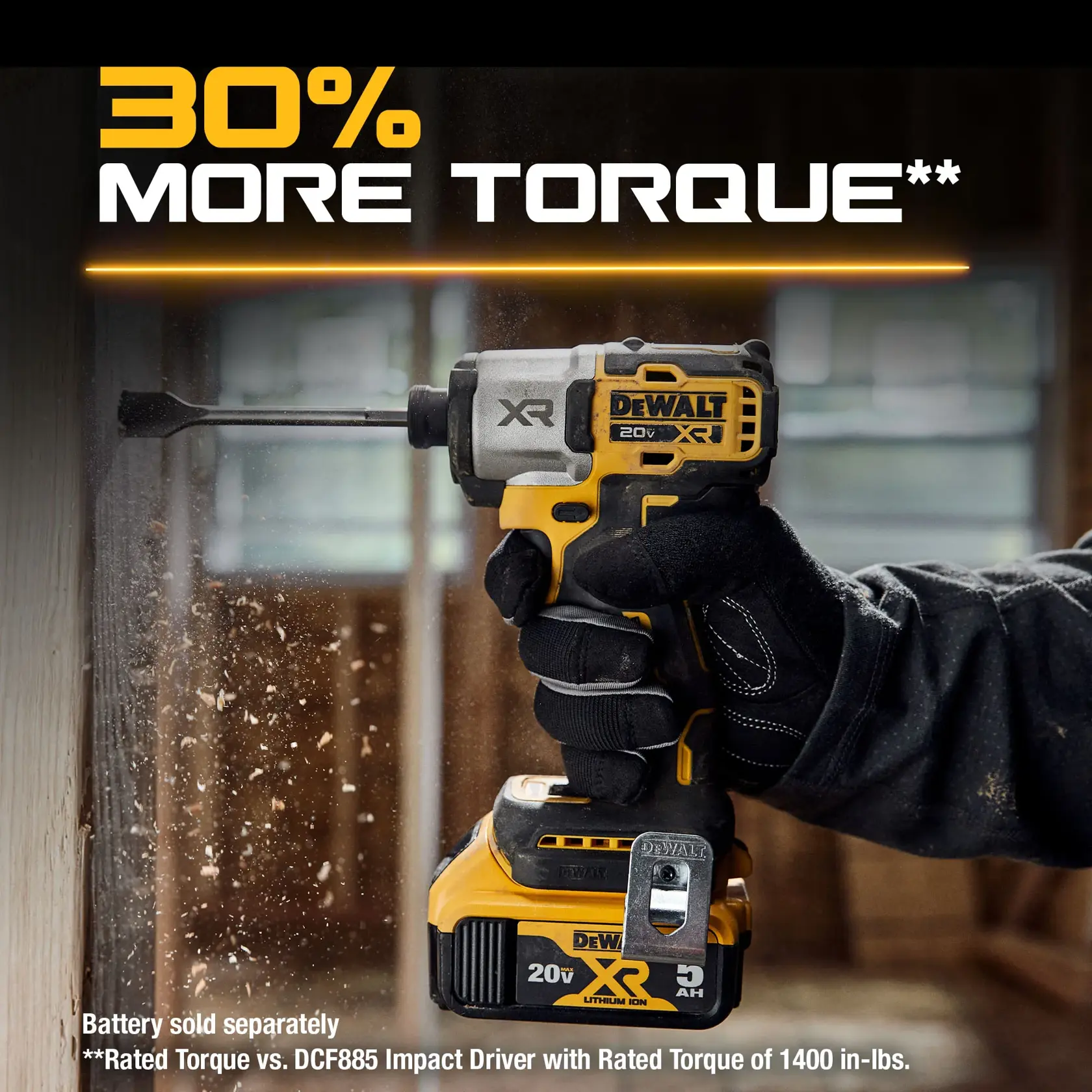 A gloved hand is holding a DEWALT 20V XR impact driver, drilling into a wooden surface, with wood shavings flying. The image highlights the product's feature, stating '30% More Torque' in bold text. Additional text at the bottom mentions that the battery is sold separately and compares the torque to the DCF885 impact driver.