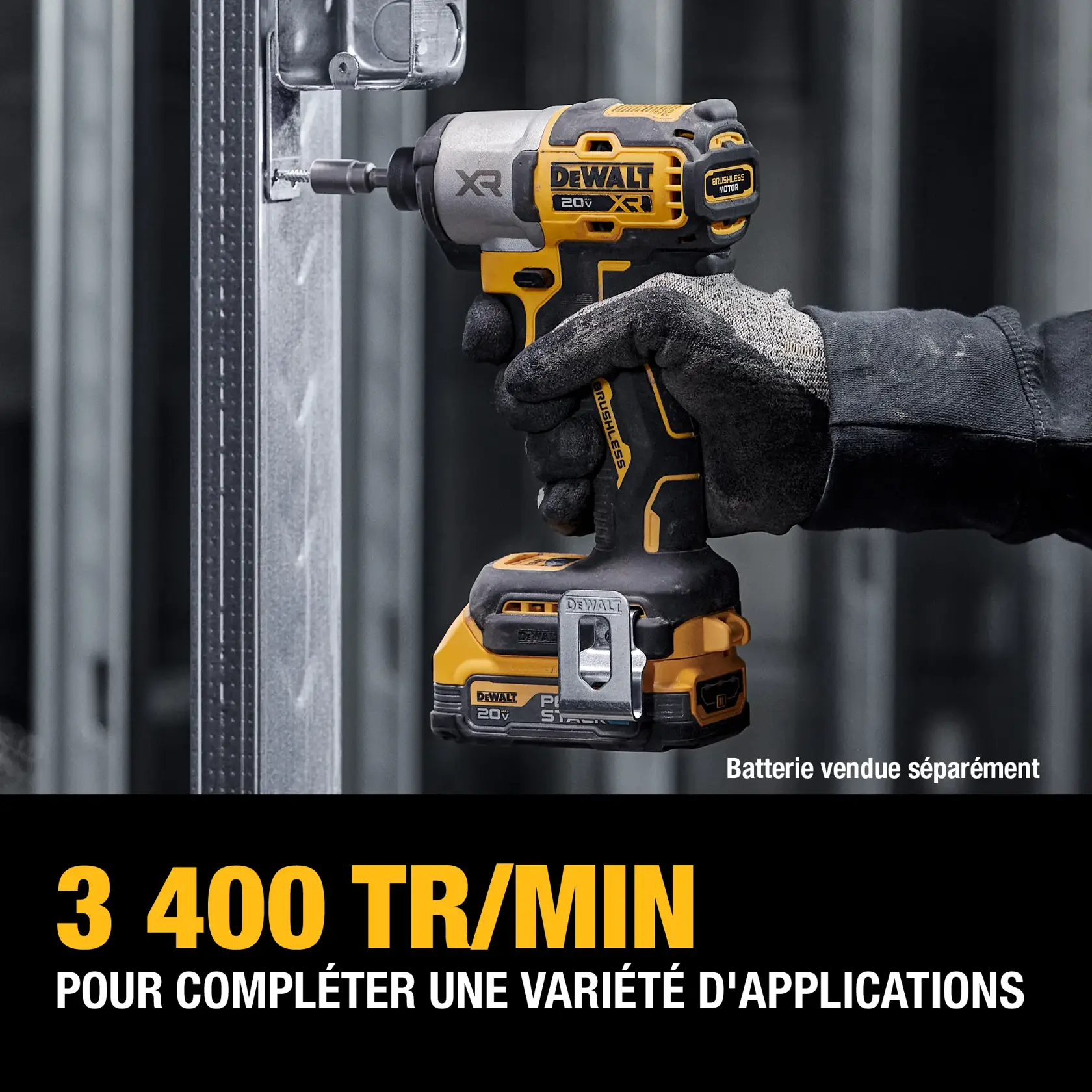 A person wearing black gloves uses a DEWALT 20V XR cordless impact driver to fasten a screw into a metal frame. The text below highlights the tool's 3,400 RPM speed for completing a variety of applications, with a note that the battery is sold separately.
