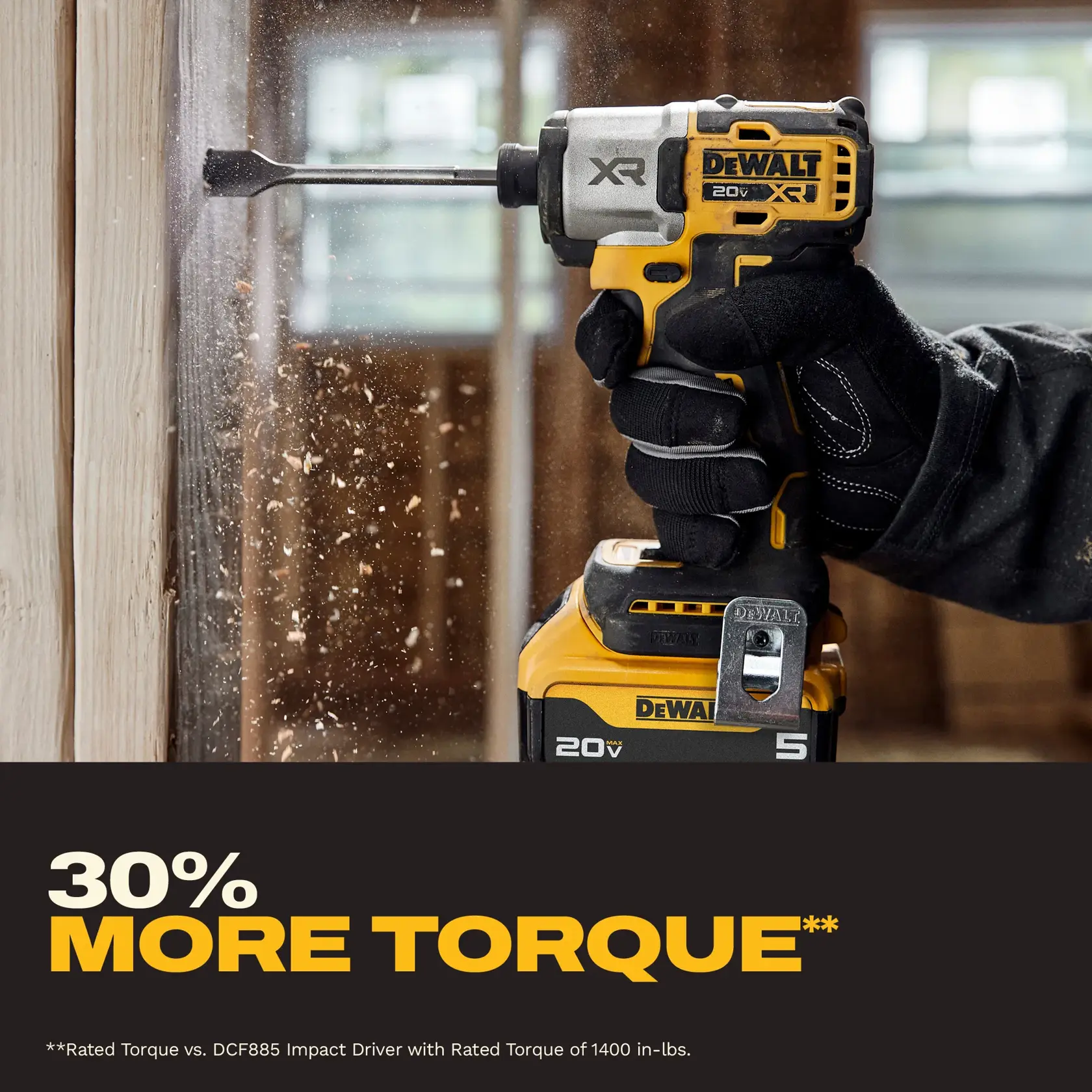 A DEWALT 20V XR impact driver is being used to drive a fastener into a wooden beam, with wood debris flying. The driver is held by a gloved hand. Text at the bottom says '30% MORE TORQUE' in yellow letters.