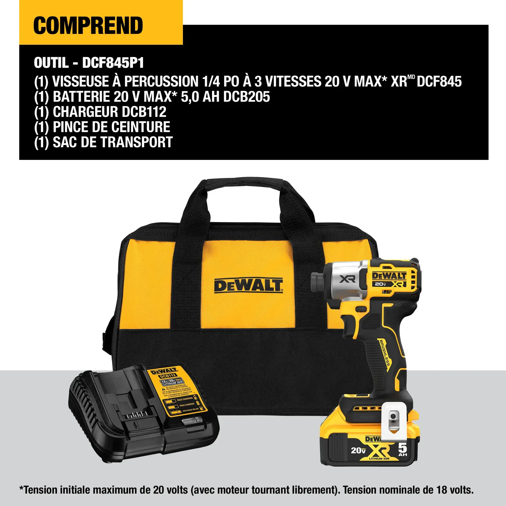 The image shows the contents of a DEWALT kit, including a DCF845B 20V MAX XR 3-speed impact driver, a DCB205 20V MAX 5Ah battery, a DCB107 12V MAX/20V MAX charger, and a black and yellow contractor bag. Each item is displayed with its name and description.