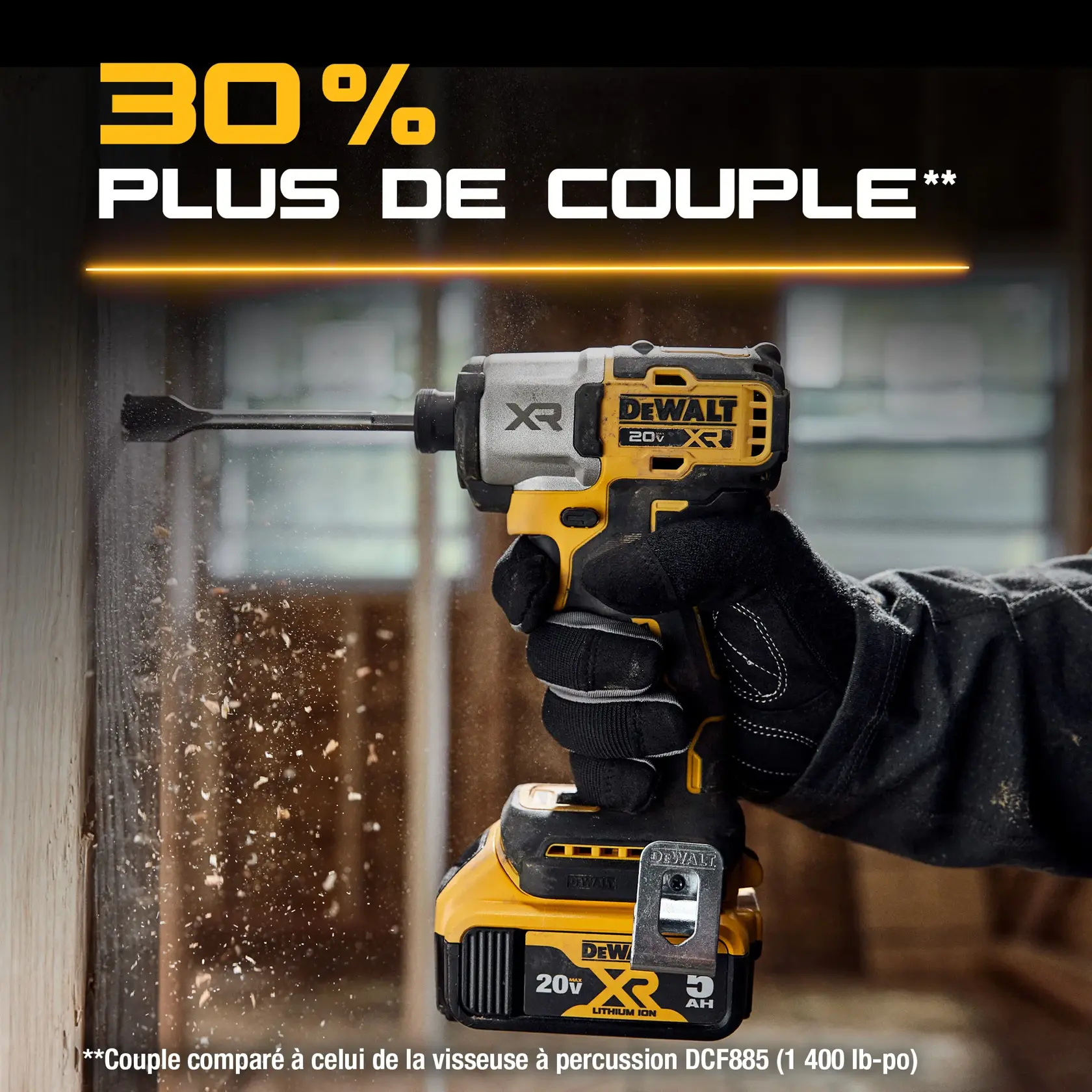 A DEWALT 20V XR impact driver is being used to drive a fastener into a wooden beam, with wood debris flying. The driver is held by a gloved hand. Text at the bottom says '30% MORE TORQUE' in yellow letters.