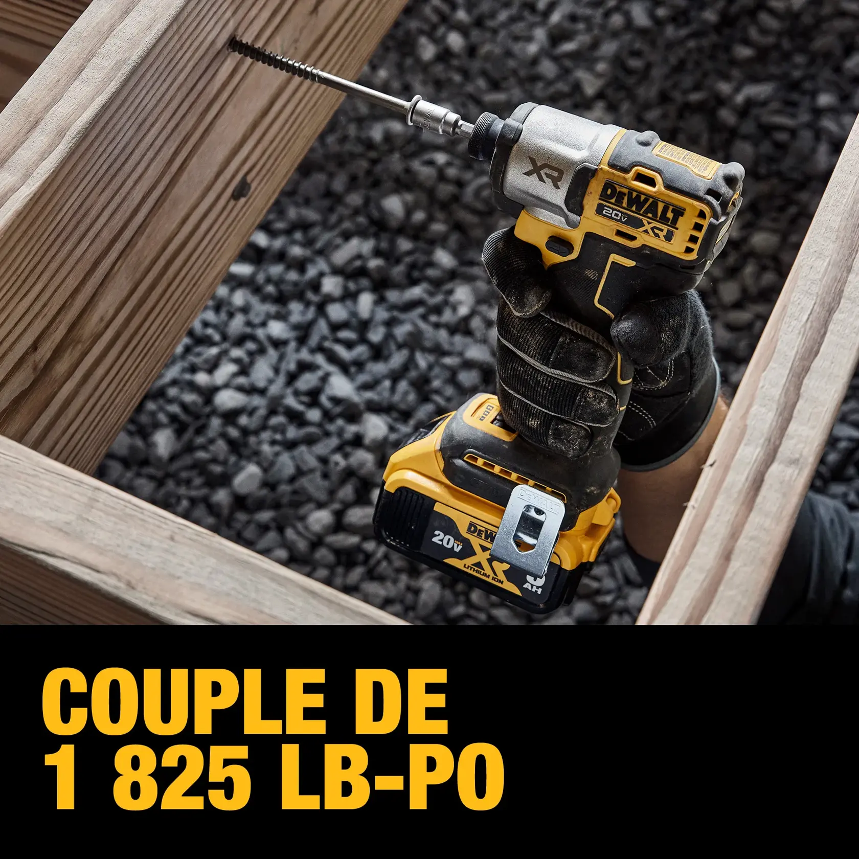 A gloved hand using a DEWALT 20V XR cordless impact driver to drive a long screw into a wooden beam. The text on the image highlights '1,825 in-lbs. of torque.'