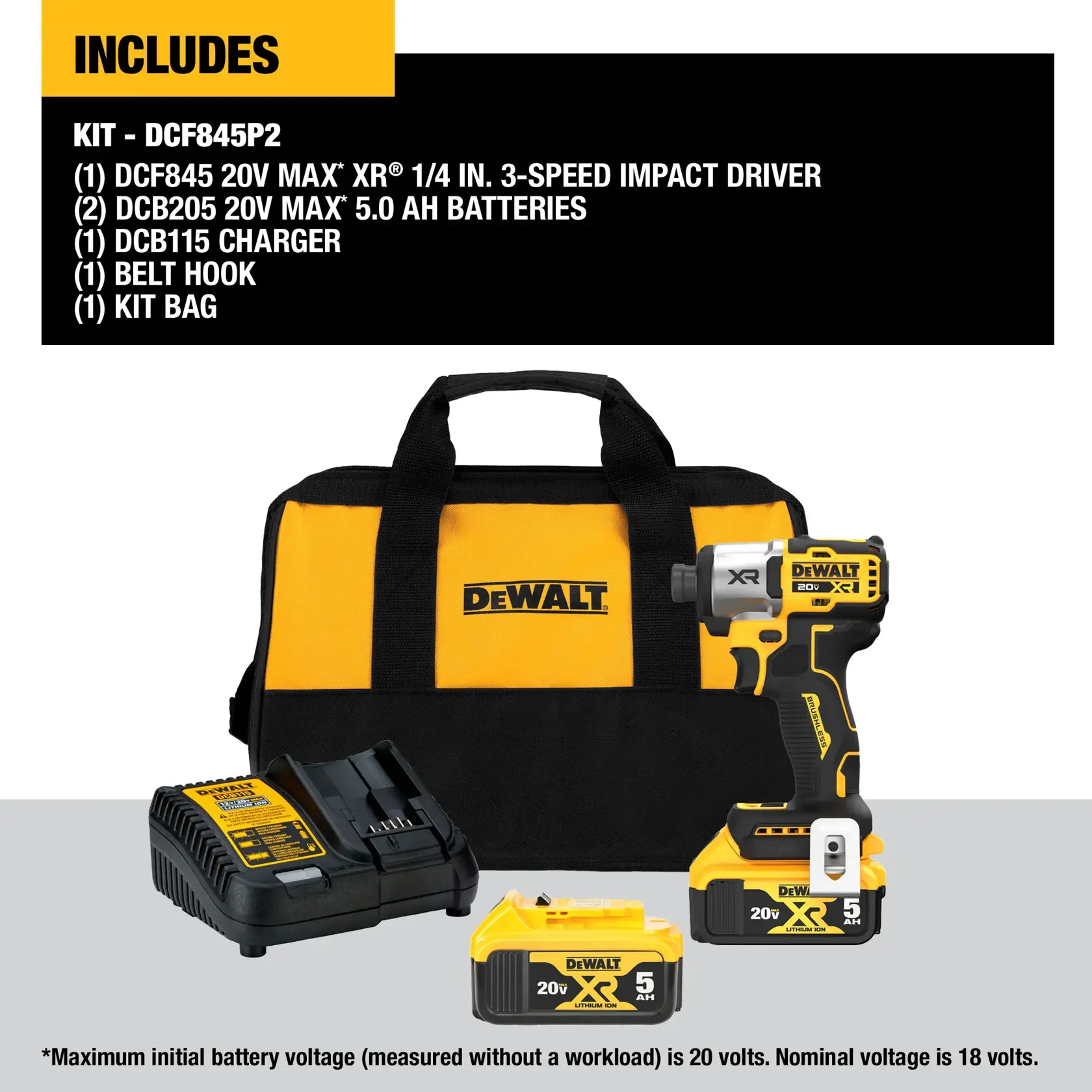 The image shows a DEWALT kit (model DCF845P2) that includes a 20V MAX XR 1/4 in. 3-speed impact driver, two 20V MAX 5.0 Ah batteries, a DCB115 charger, a belt hook, and a kit bag. The items are displayed against a light background, with the yellow and black DEWALT branded bag, batteries, charger, and impact driver clearly visible. The image also notes that maximum initial battery voltage is 20 volts and nominal voltage is 18 volts.