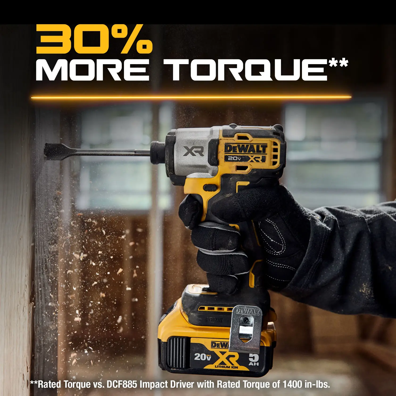 A gloved hand holds a DEWALT 20V XR impact driver next to a wooden surface, with dust flying as the tool is in use. Large text above reads '30% more torque,' highlighting a performance feature. Smaller text at the bottom notes a comparison with the DCF885 impact driver.