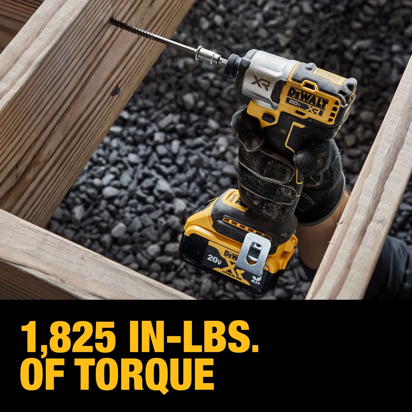 A person wearing work gloves using a DEWALT 20V XR cordless impact driver, model DCF845P2, to drill into a wooden structure. The image highlights the tool's capability of 1,825 in-lbs of torque, which is also displayed in bold yellow text at the bottom.