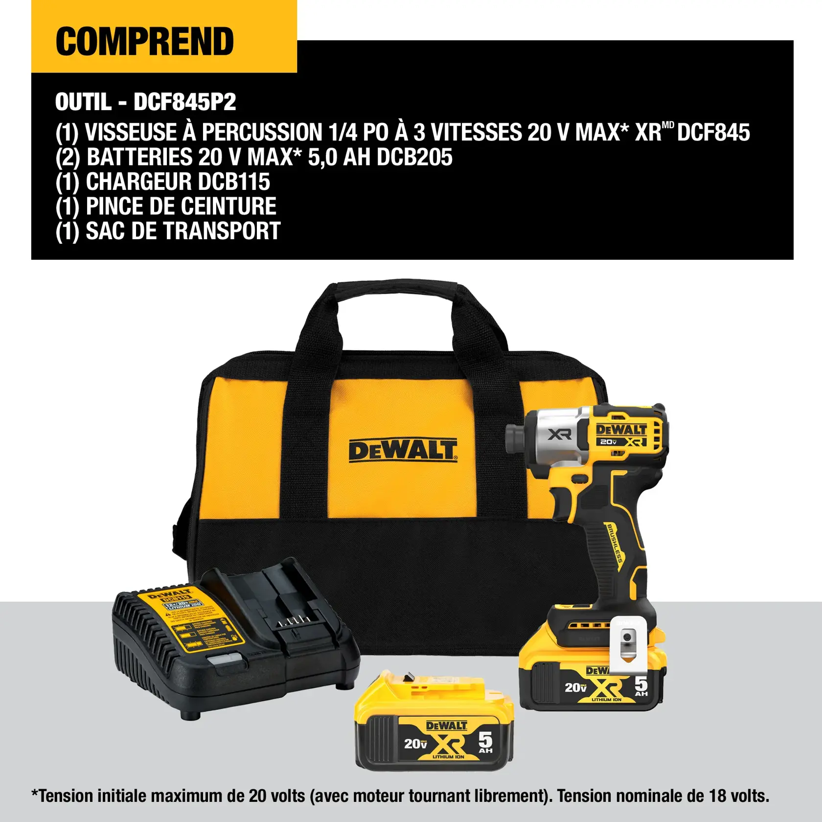 The image shows a DEWALT kit (model DCF845P2) that includes a 20V MAX XR 1/4 in. 3-speed impact driver, two 20V MAX 5.0 Ah batteries, a DCB115 charger, a belt hook, and a kit bag. The items are displayed against a light background, with the yellow and black DEWALT branded bag, batteries, charger, and impact driver clearly visible. The image also notes that maximum initial battery voltage is 20 volts and nominal voltage is 18 volts.