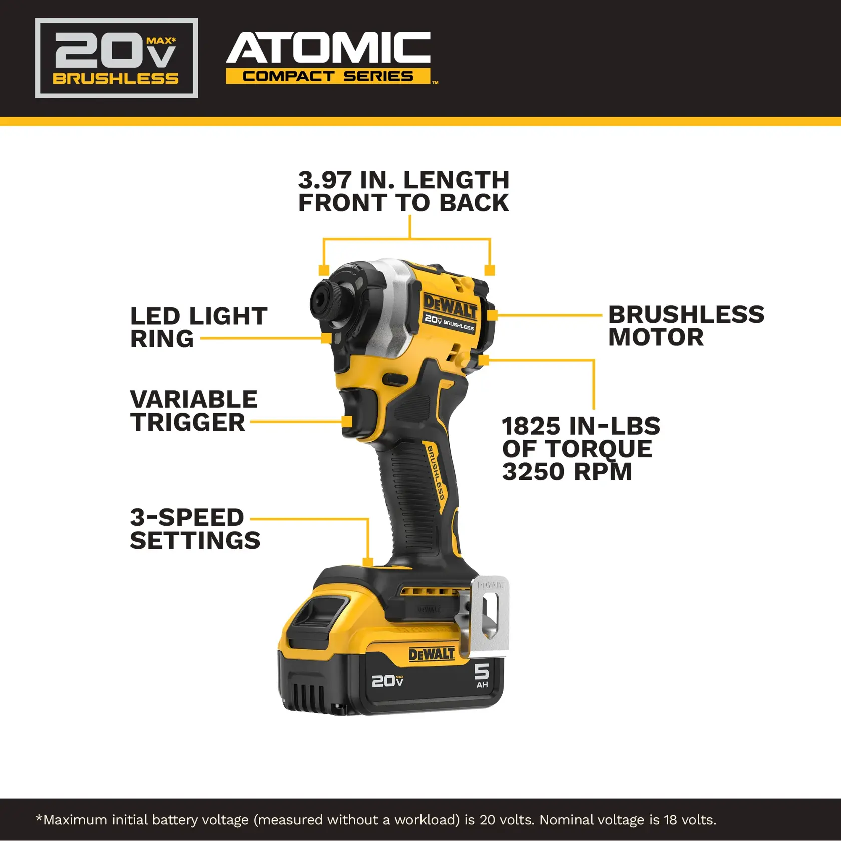 DEWALT 20V Atomic compact impact driver with LED ring, brushless motor, 3 speeds, 3.97 in. length, 1825 in-lbs torque.
