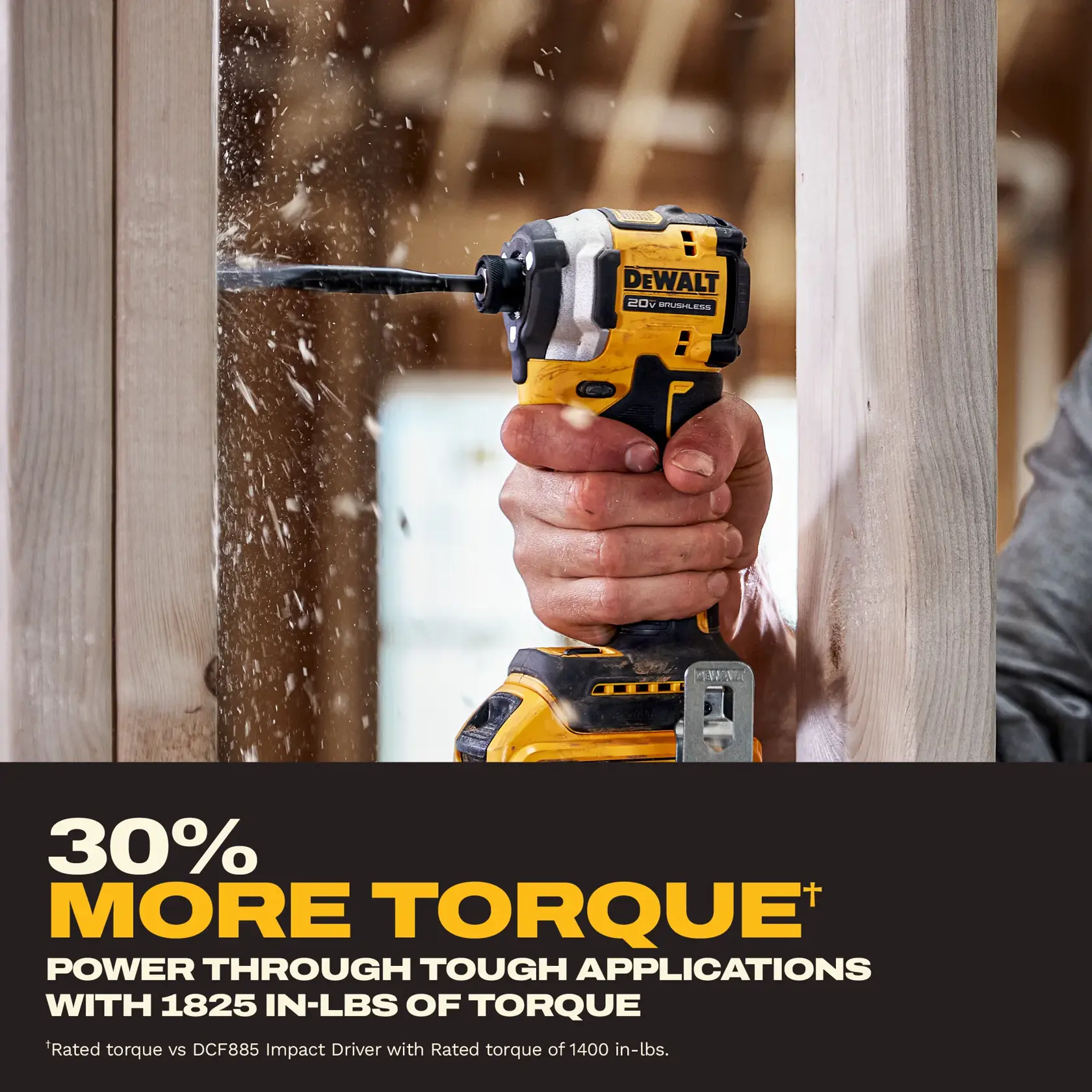 DEWALT 20V impact driver drilling wood, highlighting 30% more torque and 1825 in-lbs power.