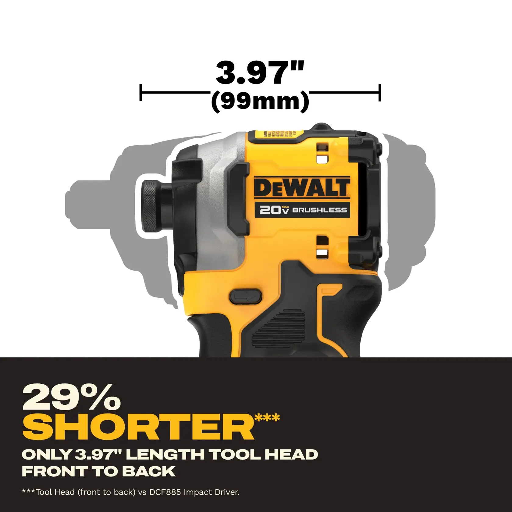 DEWALT 20V brushless impact driver tool head is 3.97 inches long, 29% shorter than previous model.