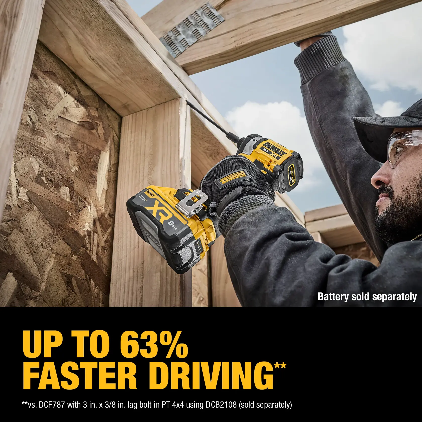 A close-up view of a person using a DEWALT XR cordless impact driver to drive a screw into wooden framing at a construction site. Text on the image highlights 'Up to 63% Faster Driving' compared to another model, and notes that the battery is sold separately.