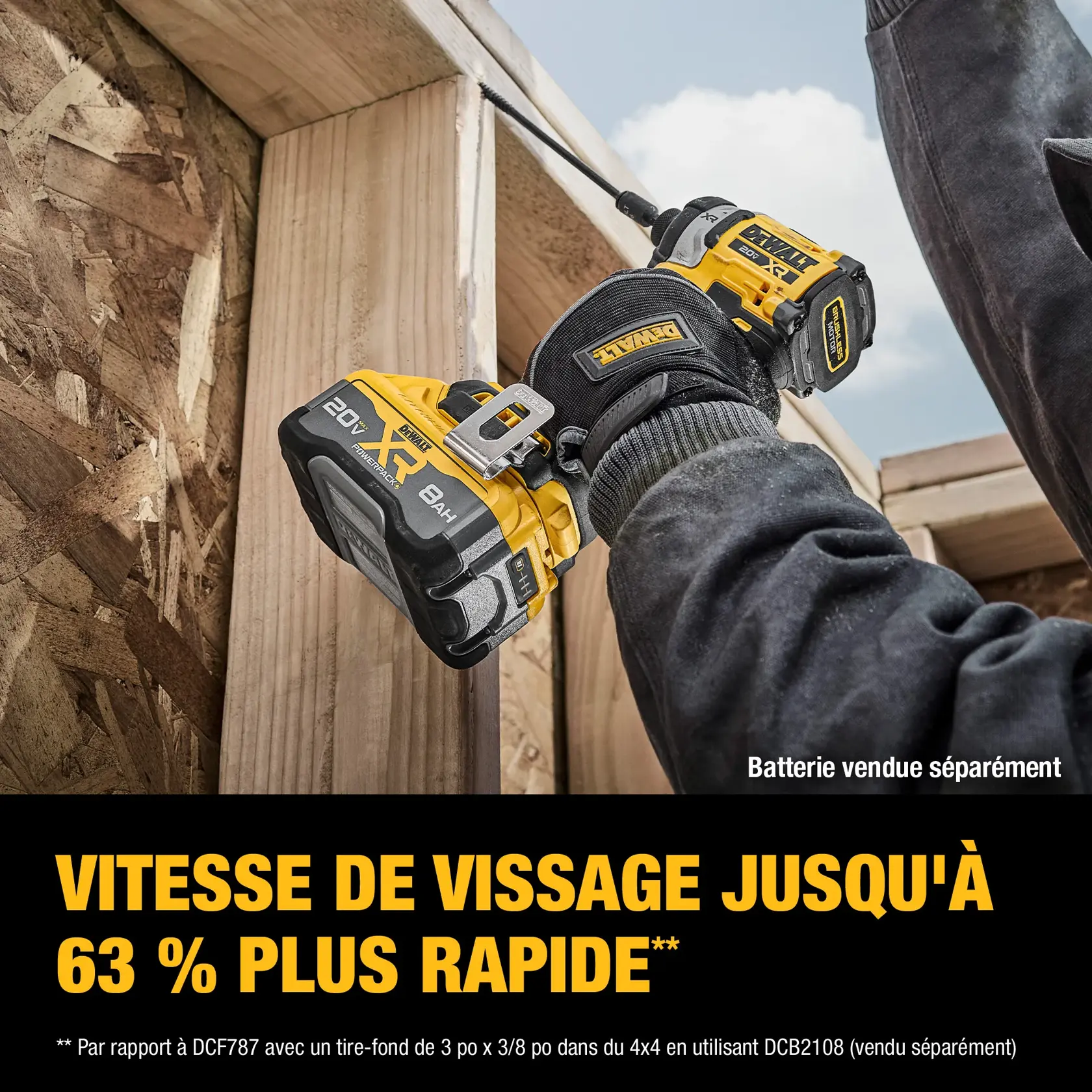 A person using a DEWALT 20V XR impact driver to drive a screw into a wooden structure, with a close-up view of the tool and gloved hand. The image highlights the product feature of up to 63% faster driving. Text notes that the battery is sold separately.