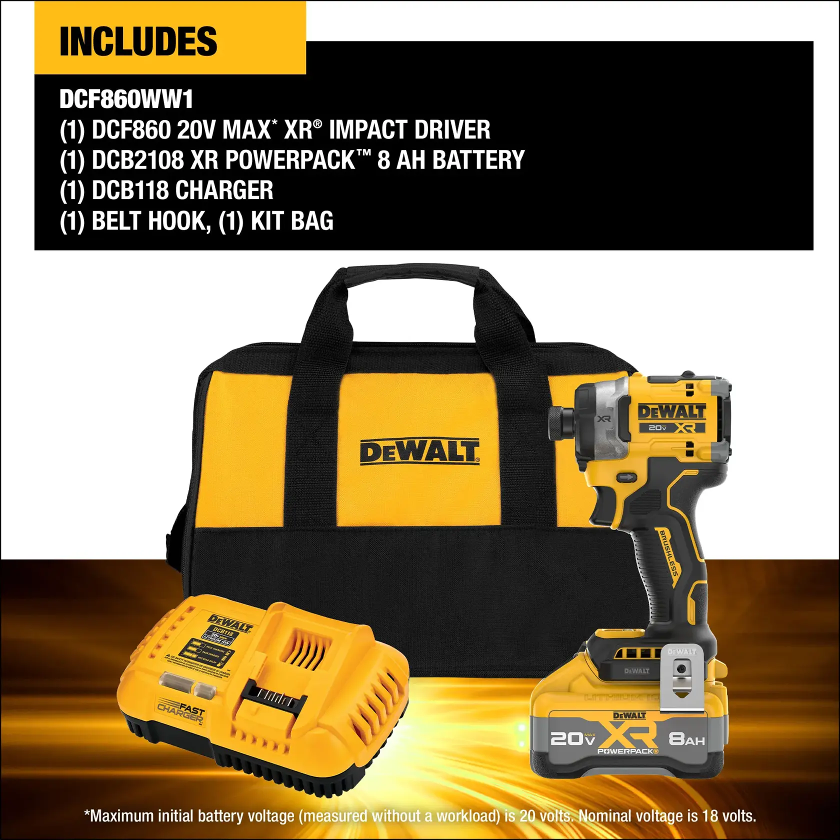 DEWALT DCF860WW1 kit contents shown: a yellow and black DEWALT carry bag, a DCF860 20V MAX XR impact driver, a DCB2108 XR PowerPack 8Ah battery attached, a DCB118 charger, and belt hook. Text highlights included items and battery voltage information.