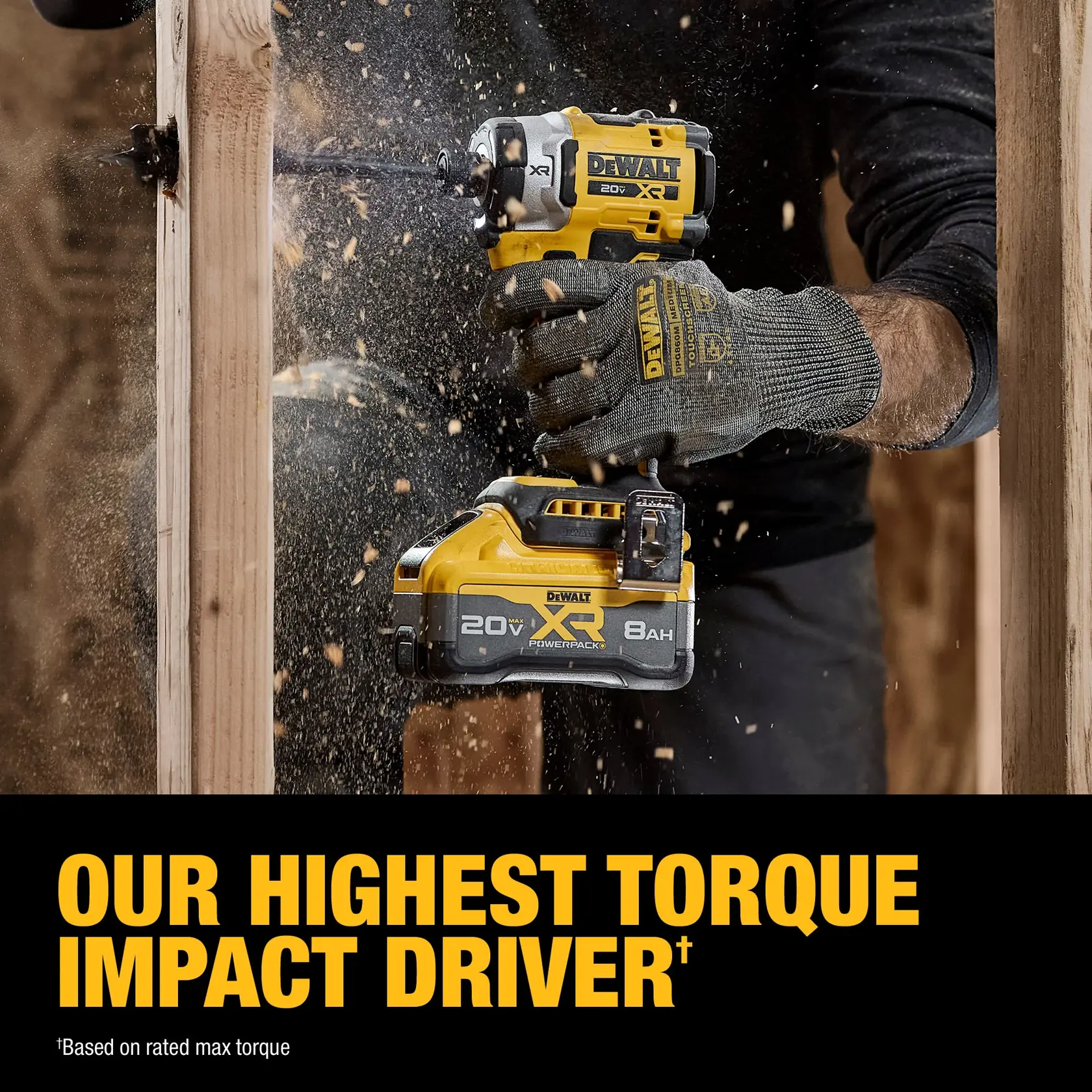 A DEWALT 20V XR impact driver with an 8Ah battery is being used by a person wearing gloves to drill into a wooden beam, with wood chips flying. The text below reads: 'OUR HIGHEST TORQUE IMPACT DRIVER.'