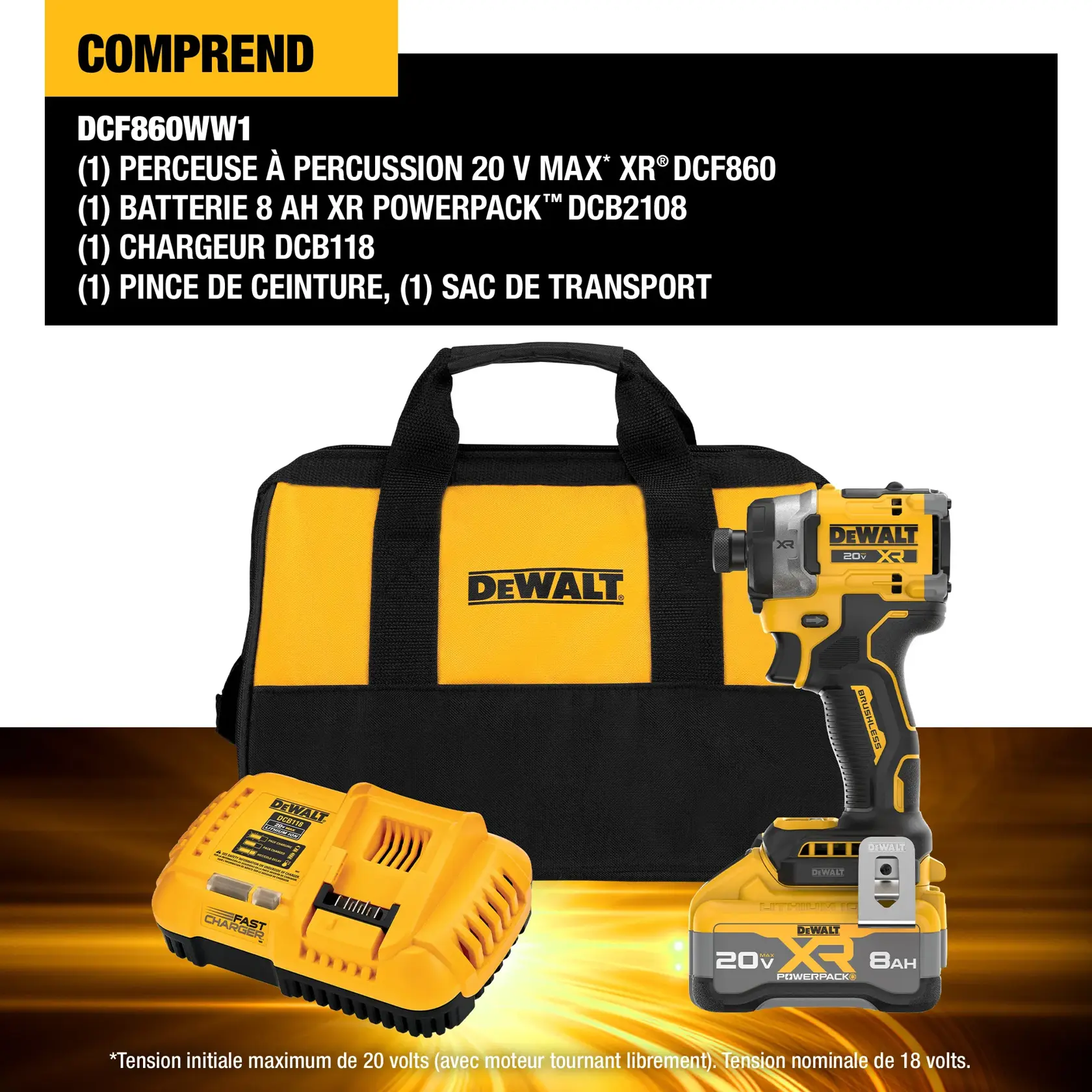 DEWALT DCF860WW1 kit contents shown: a yellow and black DEWALT carry bag, a DCF860 20V MAX XR impact driver, a DCB2108 XR PowerPack 8Ah battery attached, a DCB118 charger, and belt hook. Text highlights included items and battery voltage information.