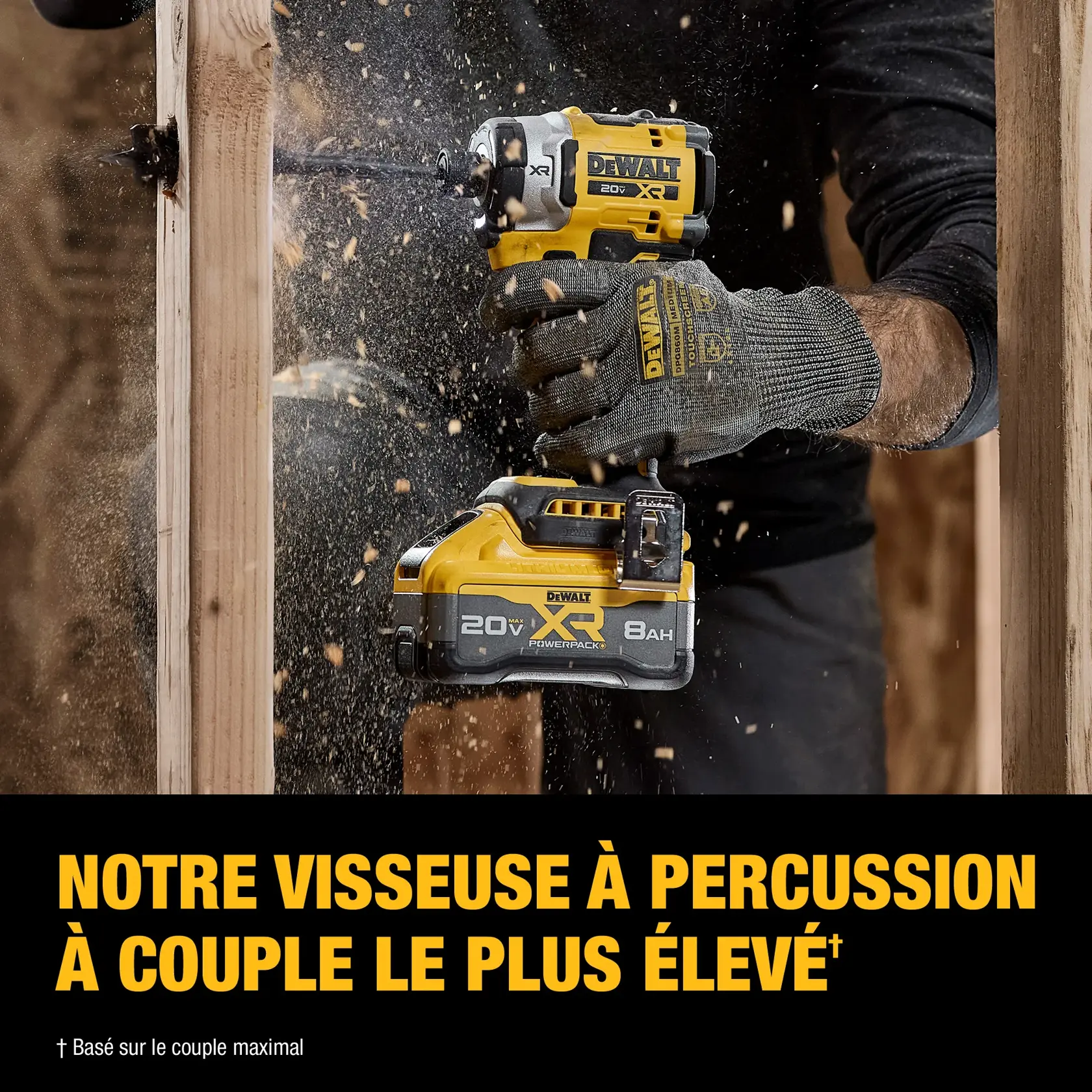 A DEWALT 20V XR impact driver with an 8Ah battery is being used by a person wearing gloves to drill into a wooden beam, with wood chips flying. The text below reads: 'OUR HIGHEST TORQUE IMPACT DRIVER.'