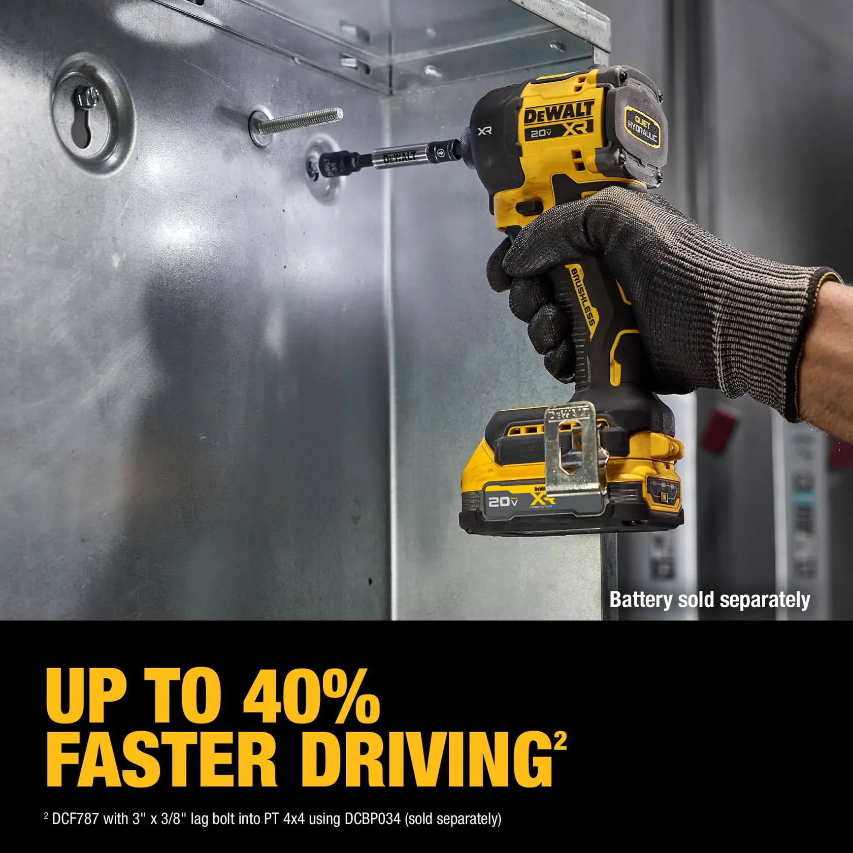 A gloved hand uses a DEWALT 20V XR impact driver to drive a screw into a metal surface. The tool is yellow and black, and features a compact design. Text reads 'Up to 40% faster driving.' Battery is sold separately.