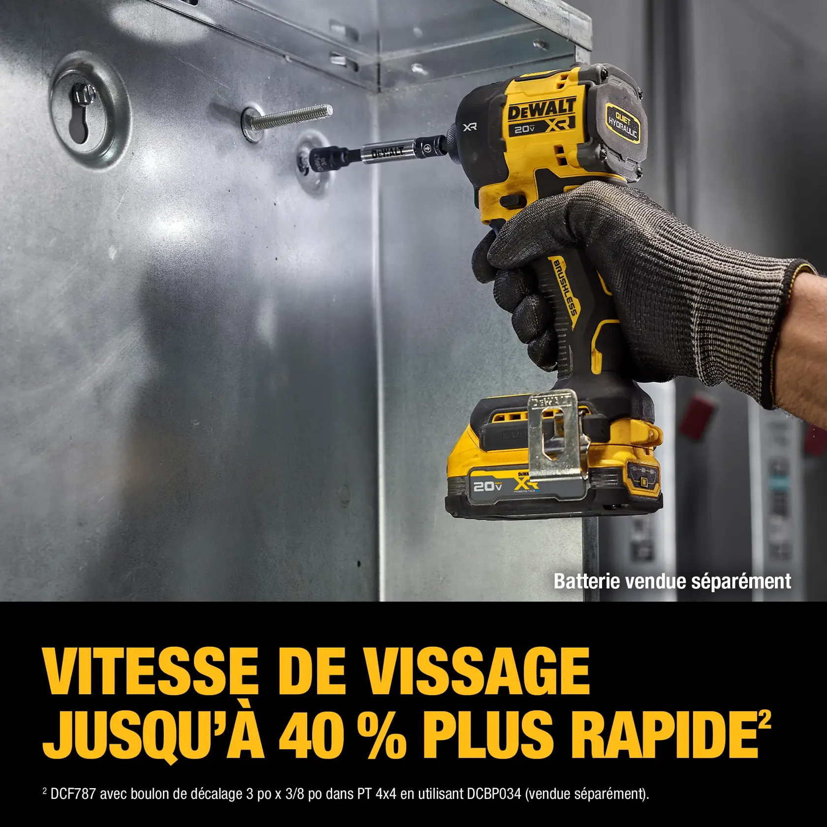 A gloved hand uses a DEWALT 20V XR impact driver to drive a screw into a metal surface. The tool is yellow and black, and features a compact design. Text reads 'Up to 40% faster driving.' Battery is sold separately.