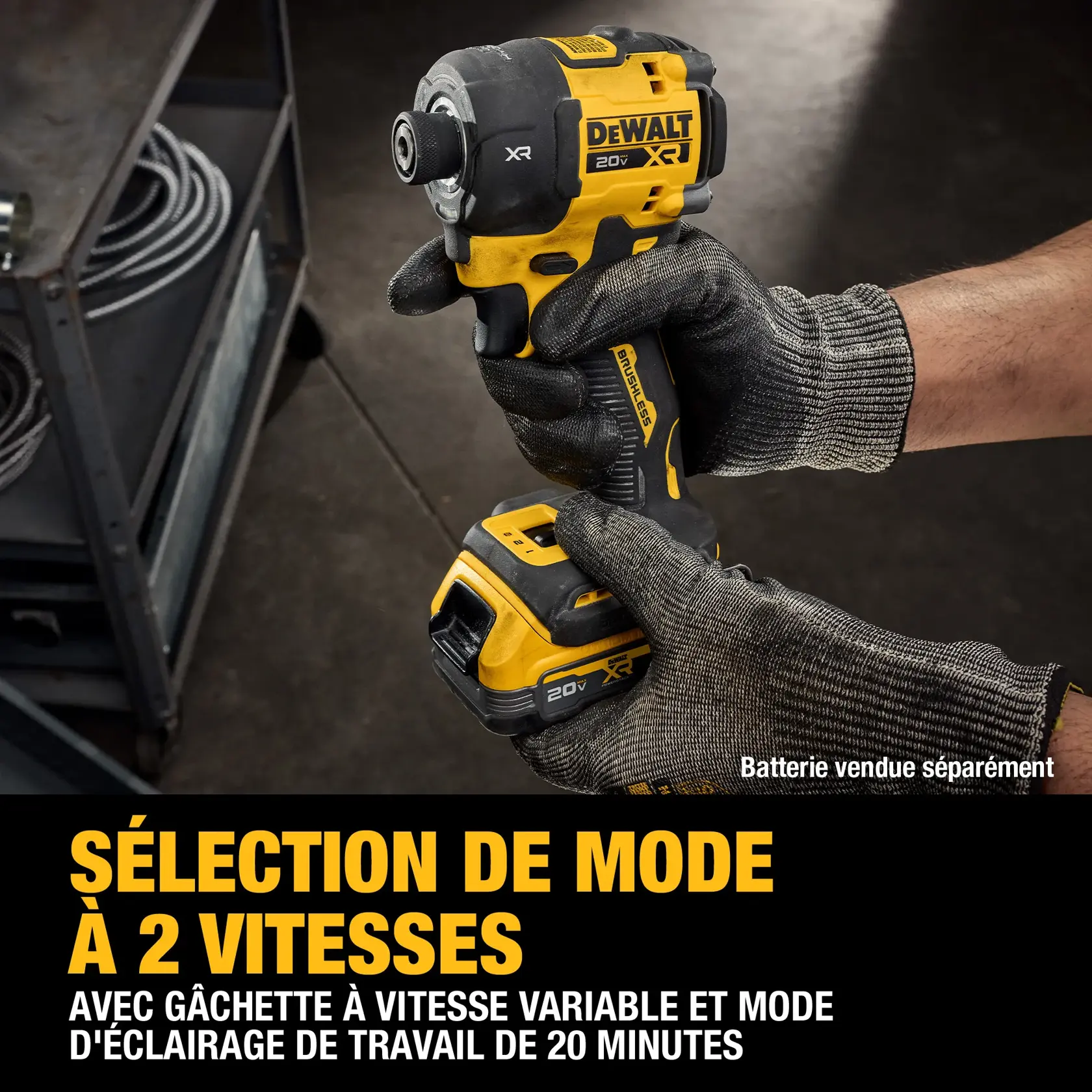 A person wearing a glove uses a DEWALT 20V XR cordless impact driver to drill into a metal surface. The tool is yellow and black, and the battery is attached. Text in the image promotes it as 'Our Quietest Impact Driver.' Battery is sold separately.