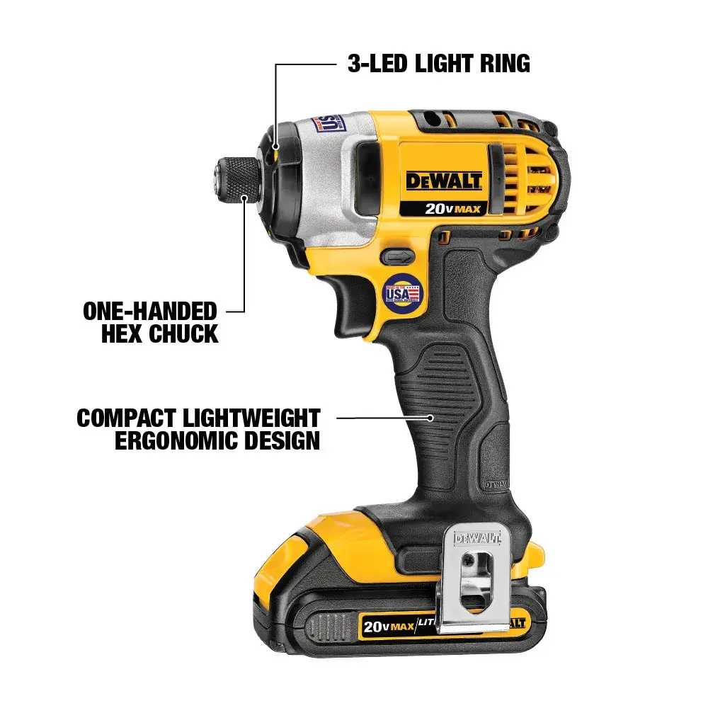 A DEWALT 20V Max cordless impact driver with key features highlighted, including a 3-LED light ring, one-handed hex chuck, and compact lightweight ergonomic design. The tool is shown in yellow and black colors.