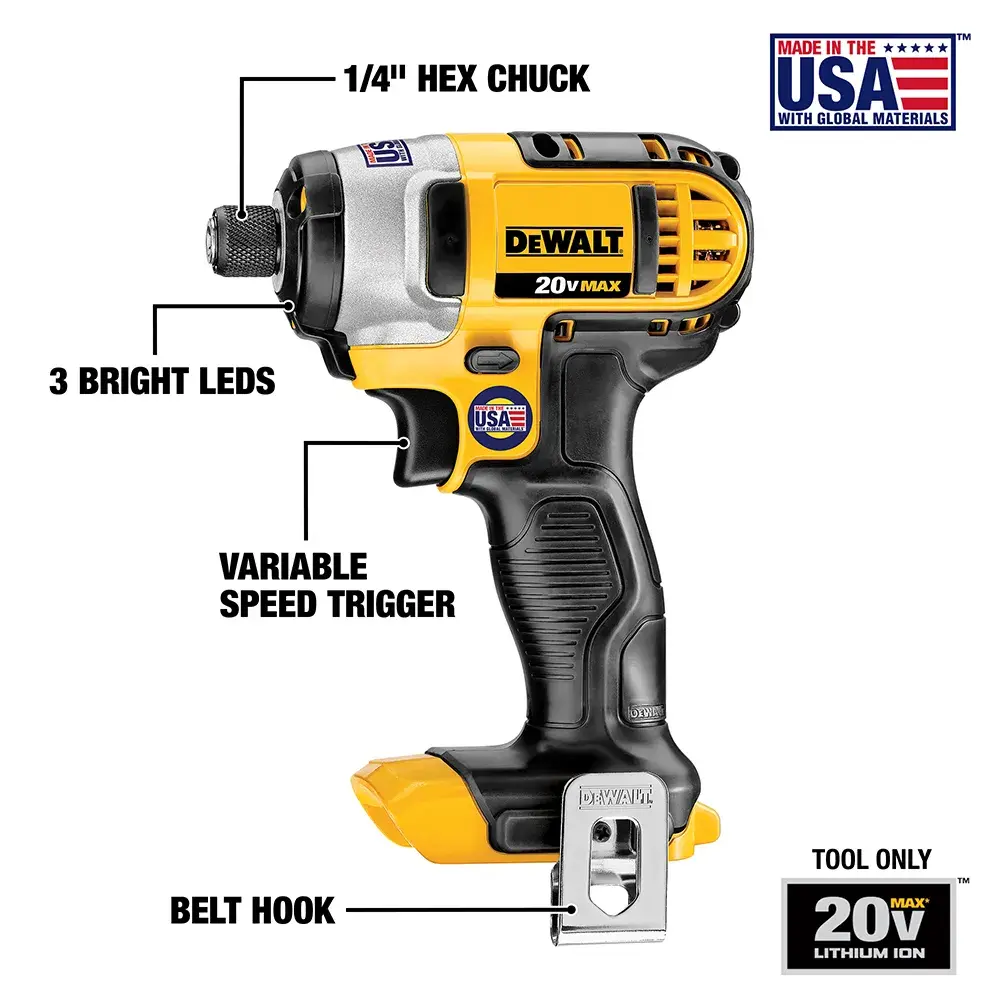A DEWALT 20V MAX impact driver tool with features labeled, including a 1/4 inch hex chuck, three bright LEDs, variable speed trigger, and a belt hook. The tool has a yellow and black color scheme and is marked as made in the USA with global materials.