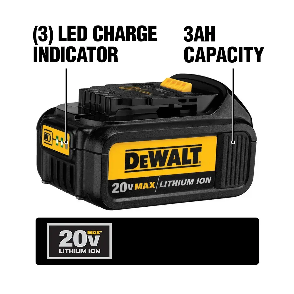 DEWALT 20V Max Lithium Ion battery with 3AH capacity, featuring a three LED charge indicator, shown in black and yellow color.