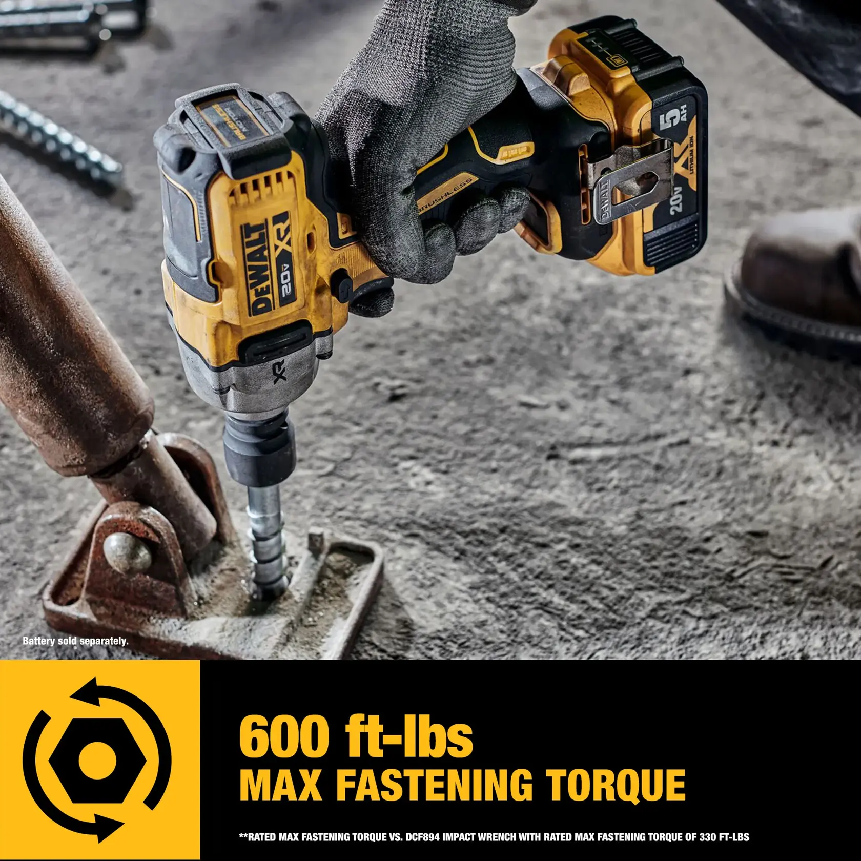 A person wearing a glove is using a DEWALT 20V XR cordless impact wrench (model DCF891B) with a 5Ah battery to fasten a bolt to a metal structure. The image highlights the tool's maximum fastening torque of 600 ft-lbs. Battery is sold separately.