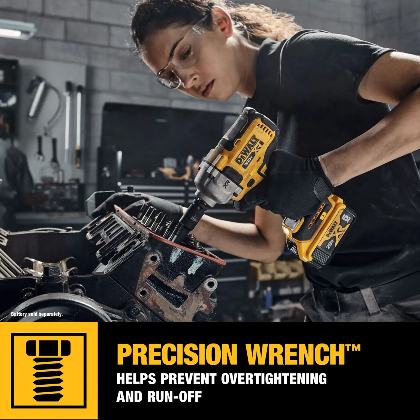 A person using a DEWALT DCF891B precision wrench on an engine component in a workshop. The person is wearing black gloves and the DEWALT tool's yellow and black design is visible. The text highlights the Precision Wrench feature, which helps prevent overtightening and run-off.