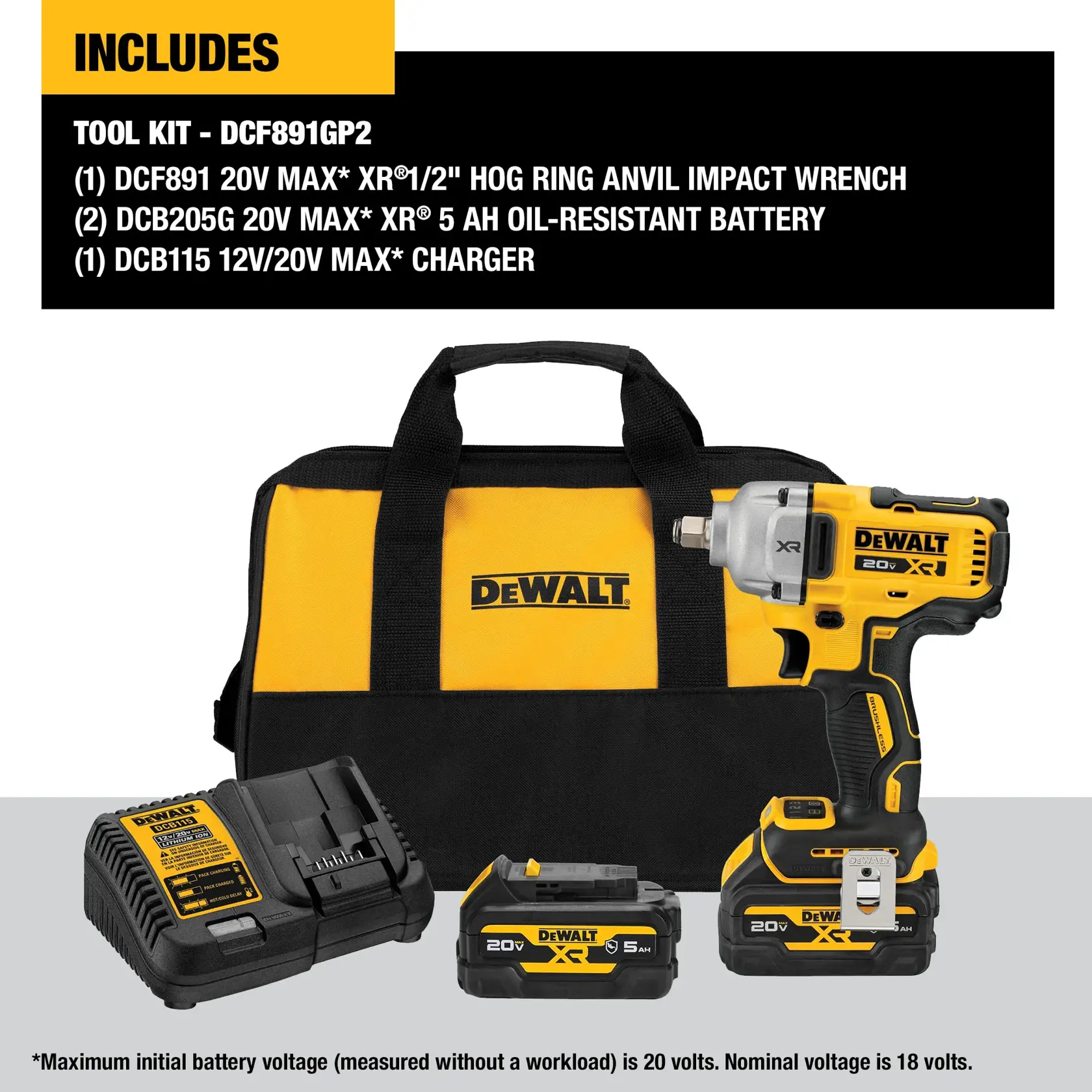 Image showing the DEWALT DCF891GP2 tool kit, including a yellow and black carrying bag, a 20V MAX XR 1/2-inch hog ring anvil impact wrench, two 20V MAX XR 5 Ah oil-resistant batteries, and a 12V/20V MAX charger. Product details and specifications are listed above the tools.
