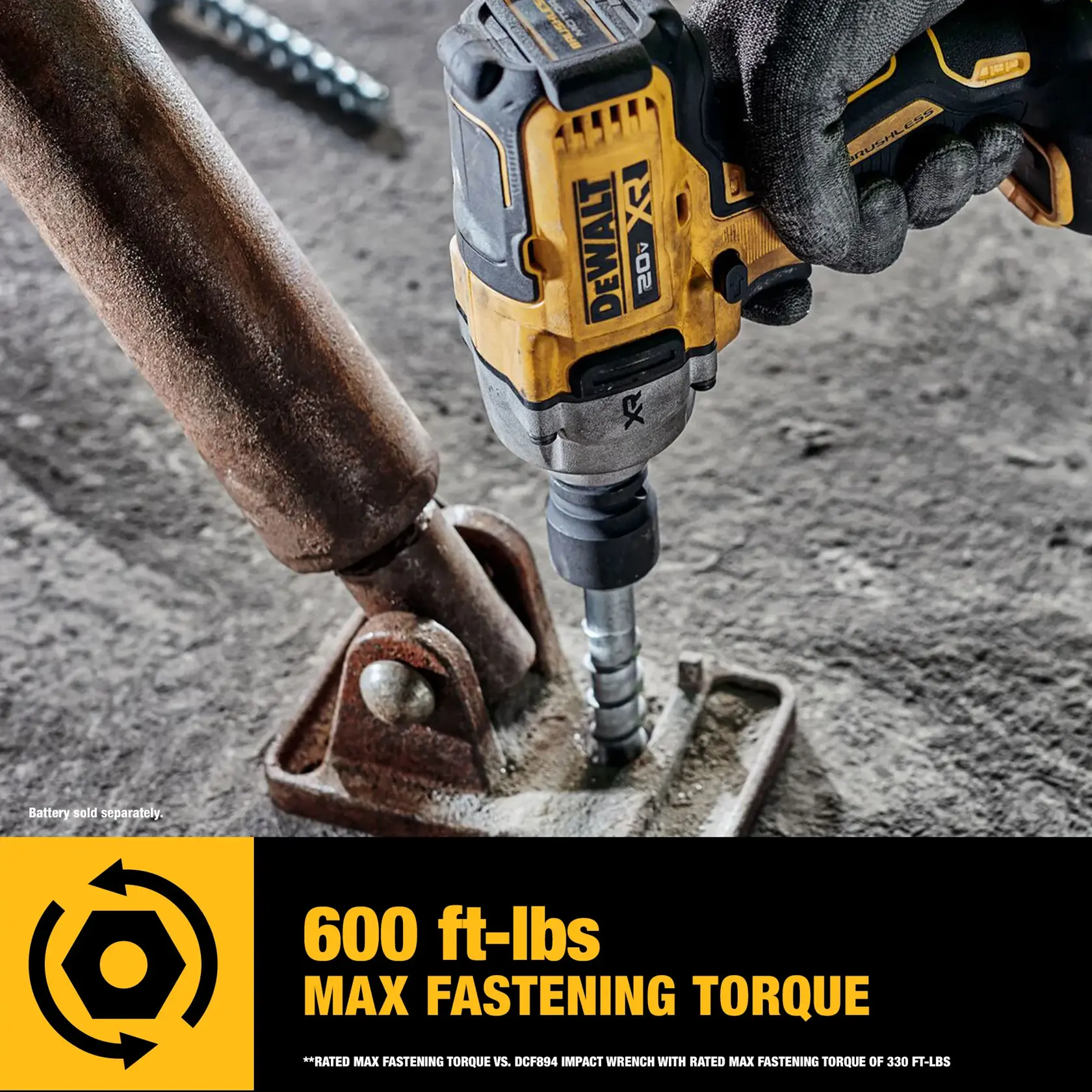 A DEWALT 20V XR cordless impact wrench being used to fasten a large bolt on a metal base. The image highlights the tool’s 600 ft-lbs maximum fastening torque, with text and a hex symbol at the bottom.