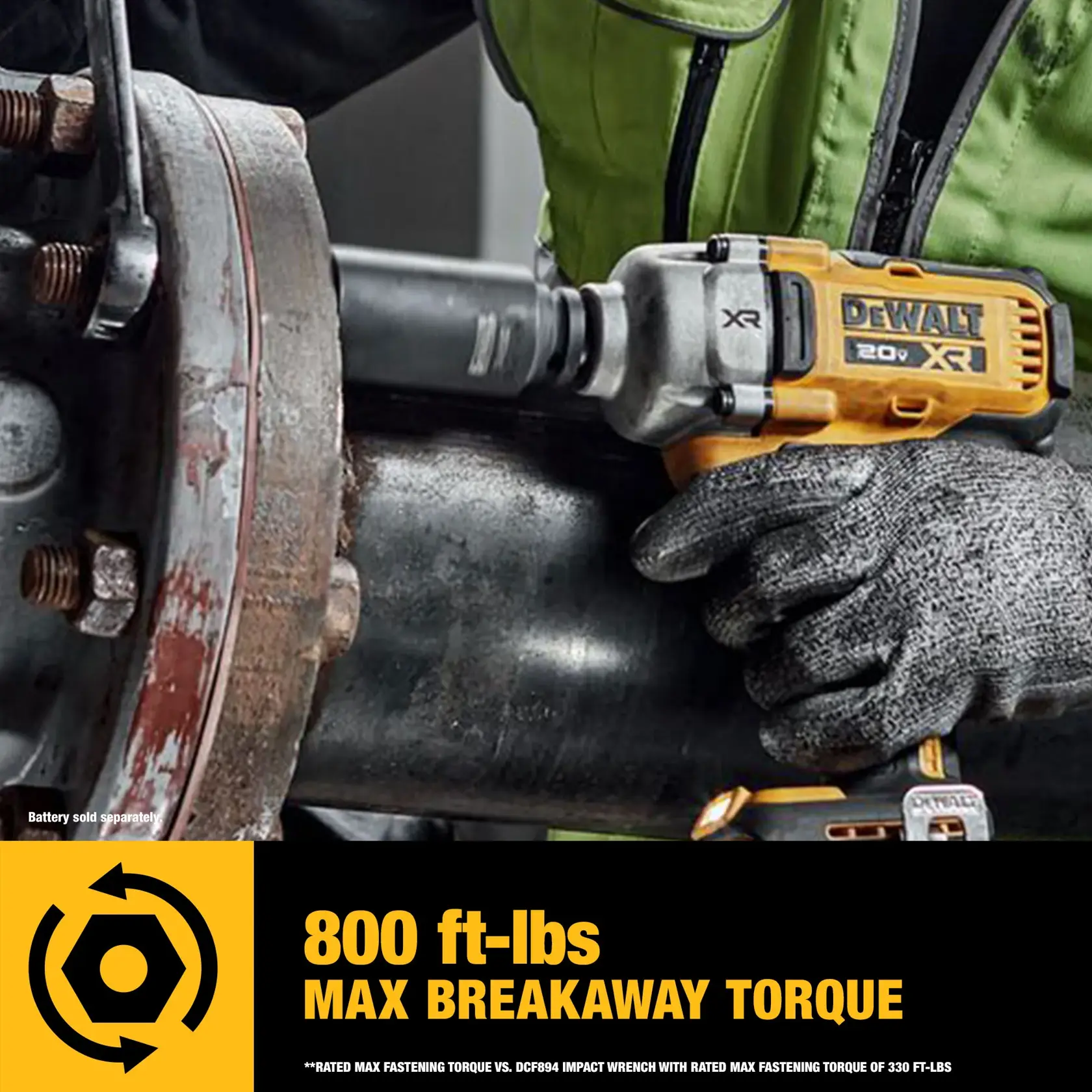 A close-up of a DEWALT 20V XR cordless impact wrench being used to loosen a large, rusted bolt on industrial equipment. The worker is wearing gloves and a high-visibility vest. Text on the image highlights '800 ft-lbs Max Breakaway Torque.' A battery is shown attached to the tool.