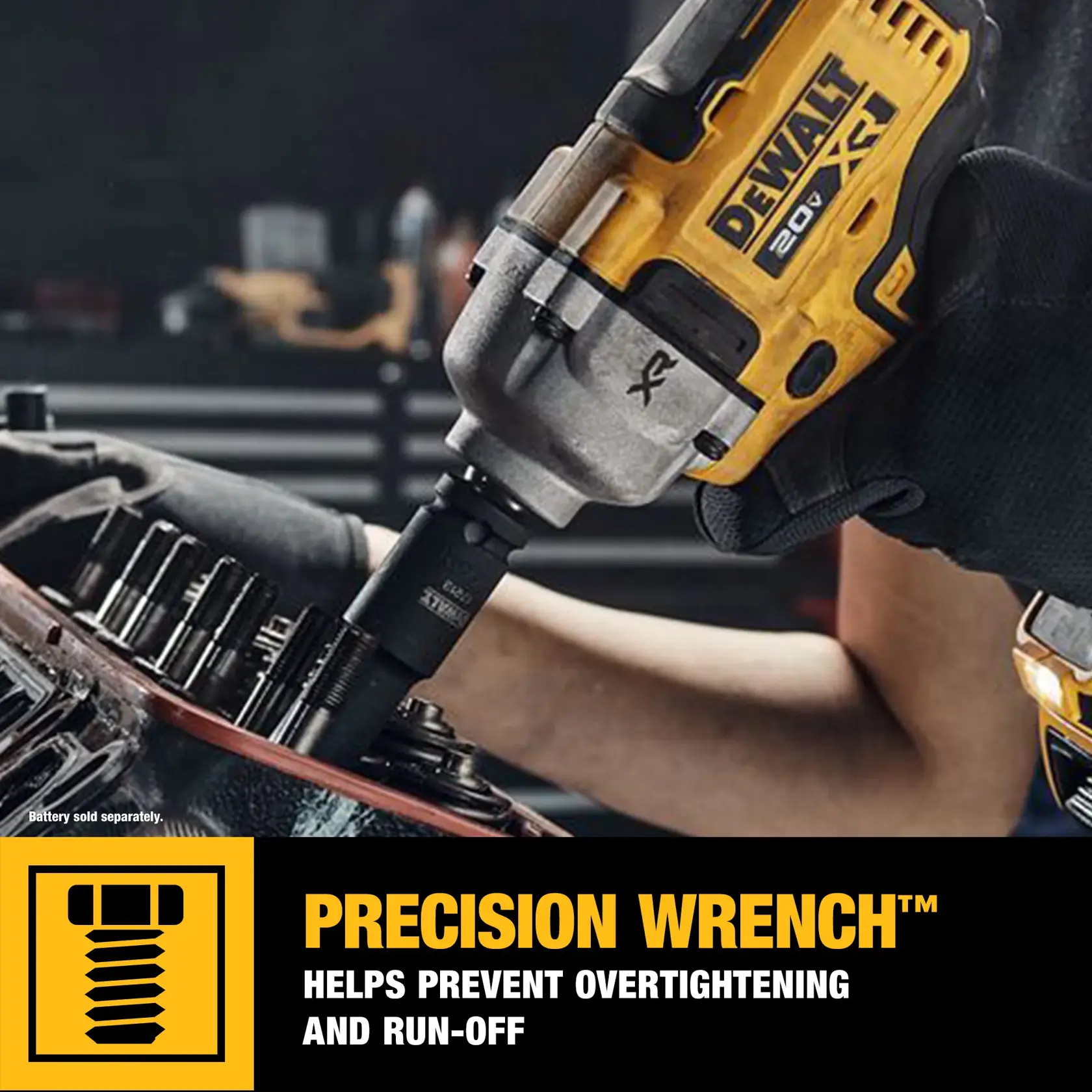 A DEWALT 20V XR cordless impact wrench is being used to tighten bolts on an engine part. The image highlights the Precision Wrench feature, which helps prevent overtightening and run-off. Text and a screw icon appear at the bottom, emphasizing this feature. The battery is sold separately.