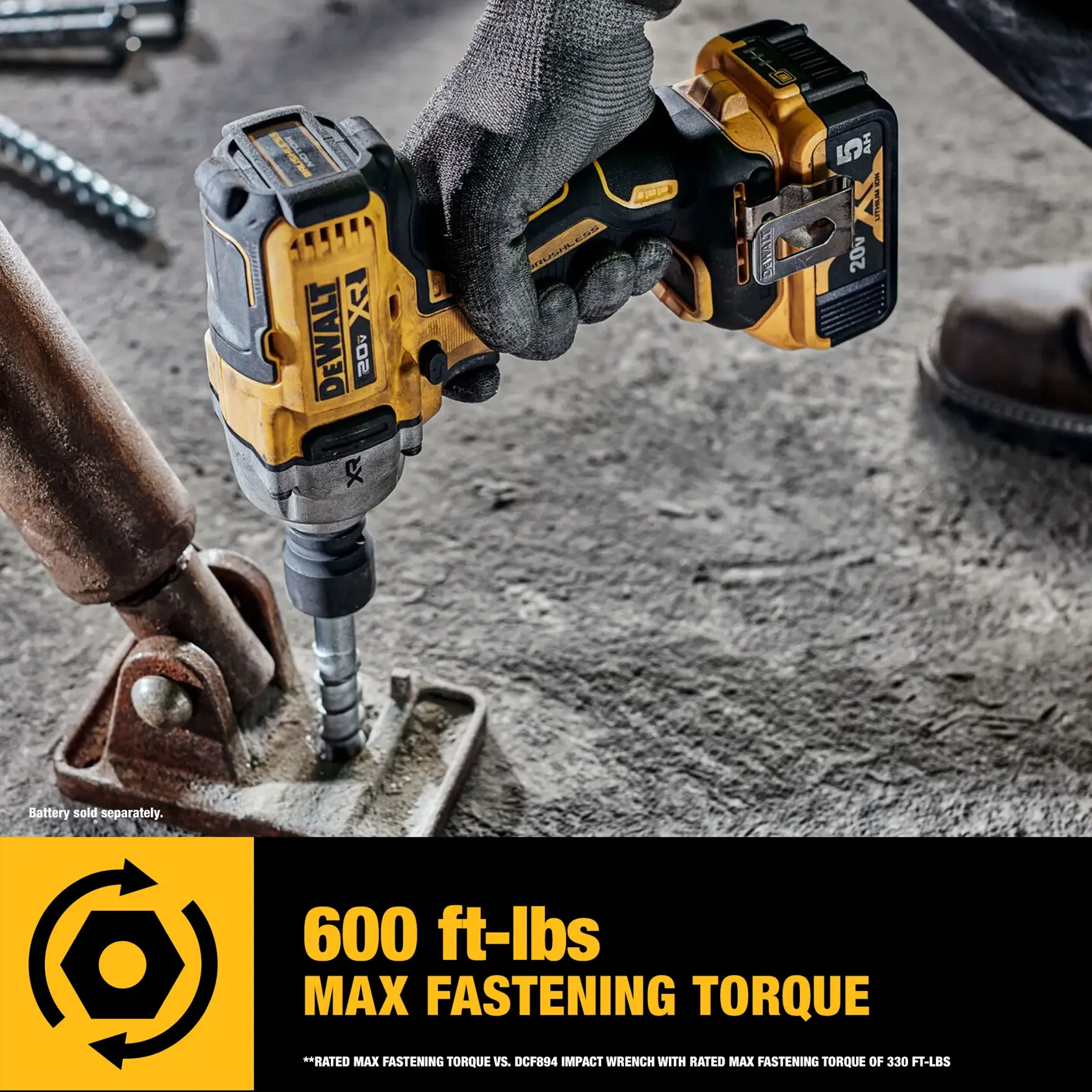 A worker wearing a safety vest, gloves, and helmet uses a DEWALT impact wrench on industrial piping in a facility.
