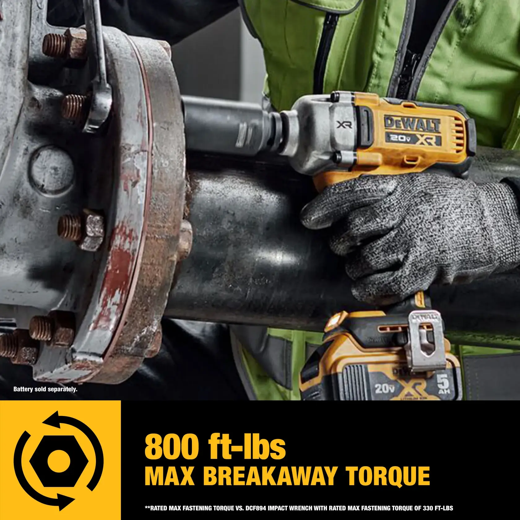 A person wearing work gloves uses a DEWALT cordless impact wrench to fasten a bolt into a metal bracket on a concrete surface.