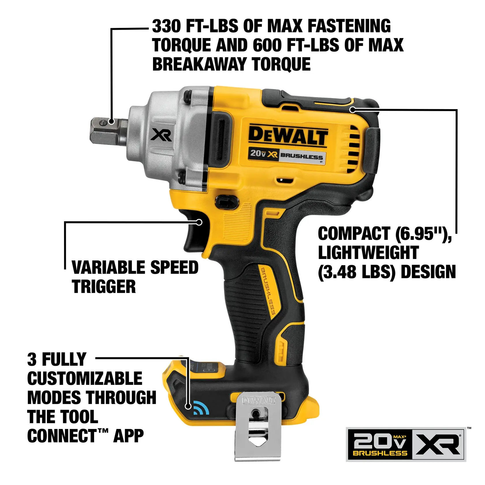 A person wearing gloves uses a yellow DEWALT cordless impact wrench to work on the brake system of a vehicle.