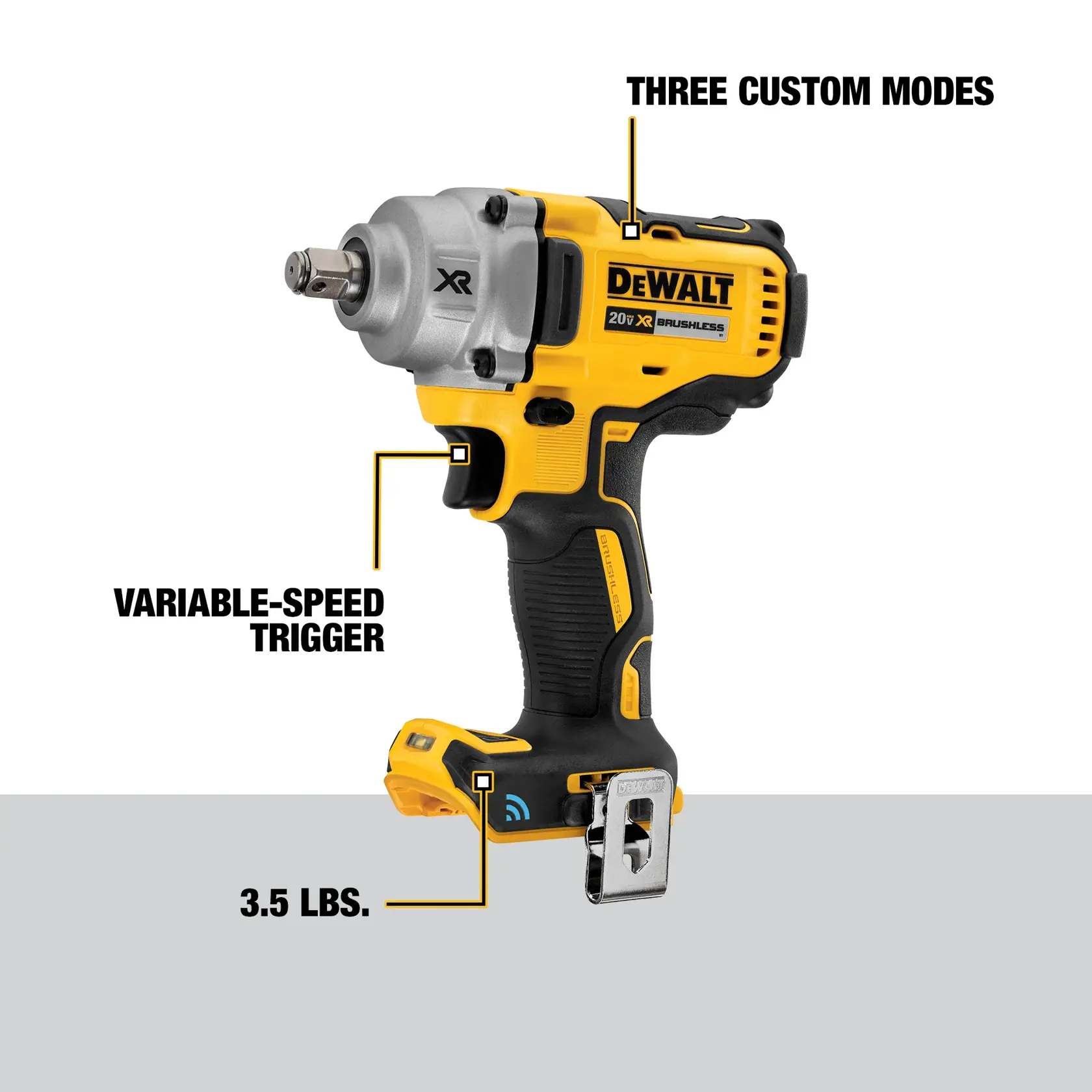 A gloved person uses a DEWALT DCF896HB cordless impact wrench to work on the brake rotor and caliper of a vehicle.