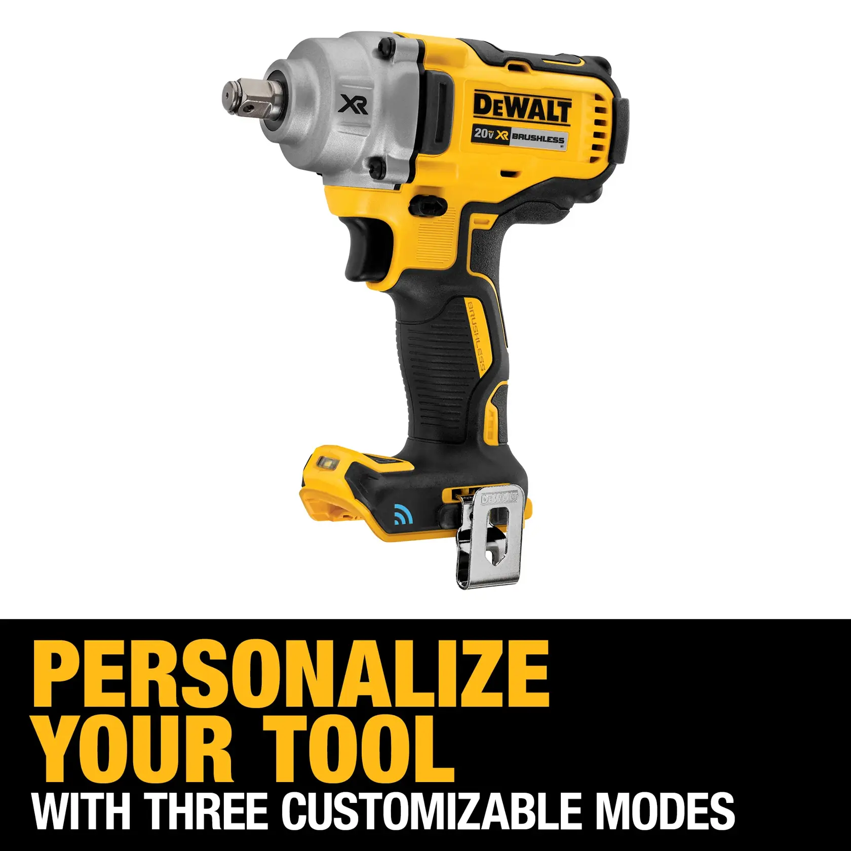 A close-up view of a person using a DEWALT cordless impact wrench to work on the lug nuts of a car wheel. The tool is yellow and black, and the person is wearing gloves.