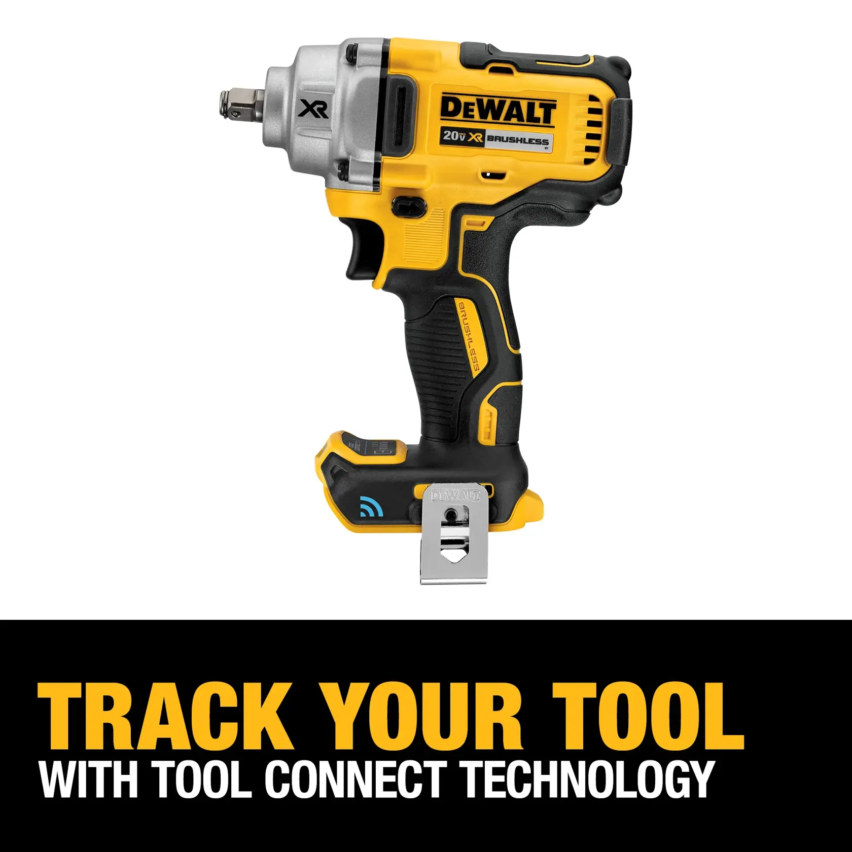 A DEWALT battery and charger are shown inside a large yellow circle with a diagonal line across them, indicating they are not included. Text below reads: 'Battery and charger sold separately.'