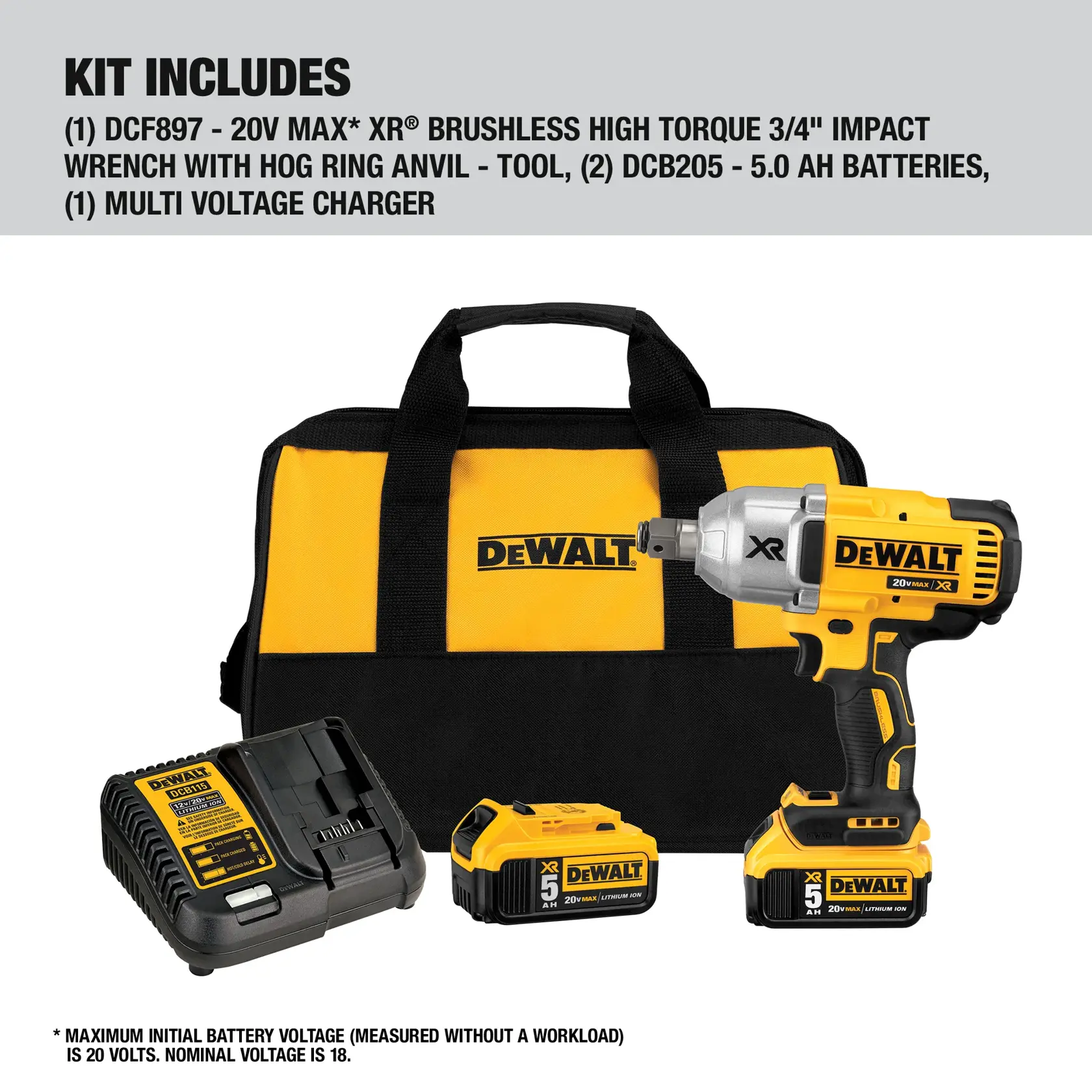 DEWALT® 20V MAX* XR® High Torque 3/4 in. Impact Wrench w. Hog Ring Anvil (5.0Ah)