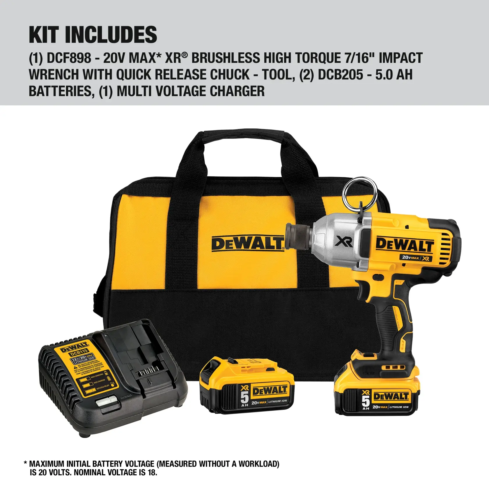 DEWALT DCF898P2 kit including a 20V MAX XR brushless high torque 7/16 inch impact wrench, two 5.0 Ah batteries, a multi-voltage charger, and a black and yellow carrying bag. All components are shown with DEWALT branding.