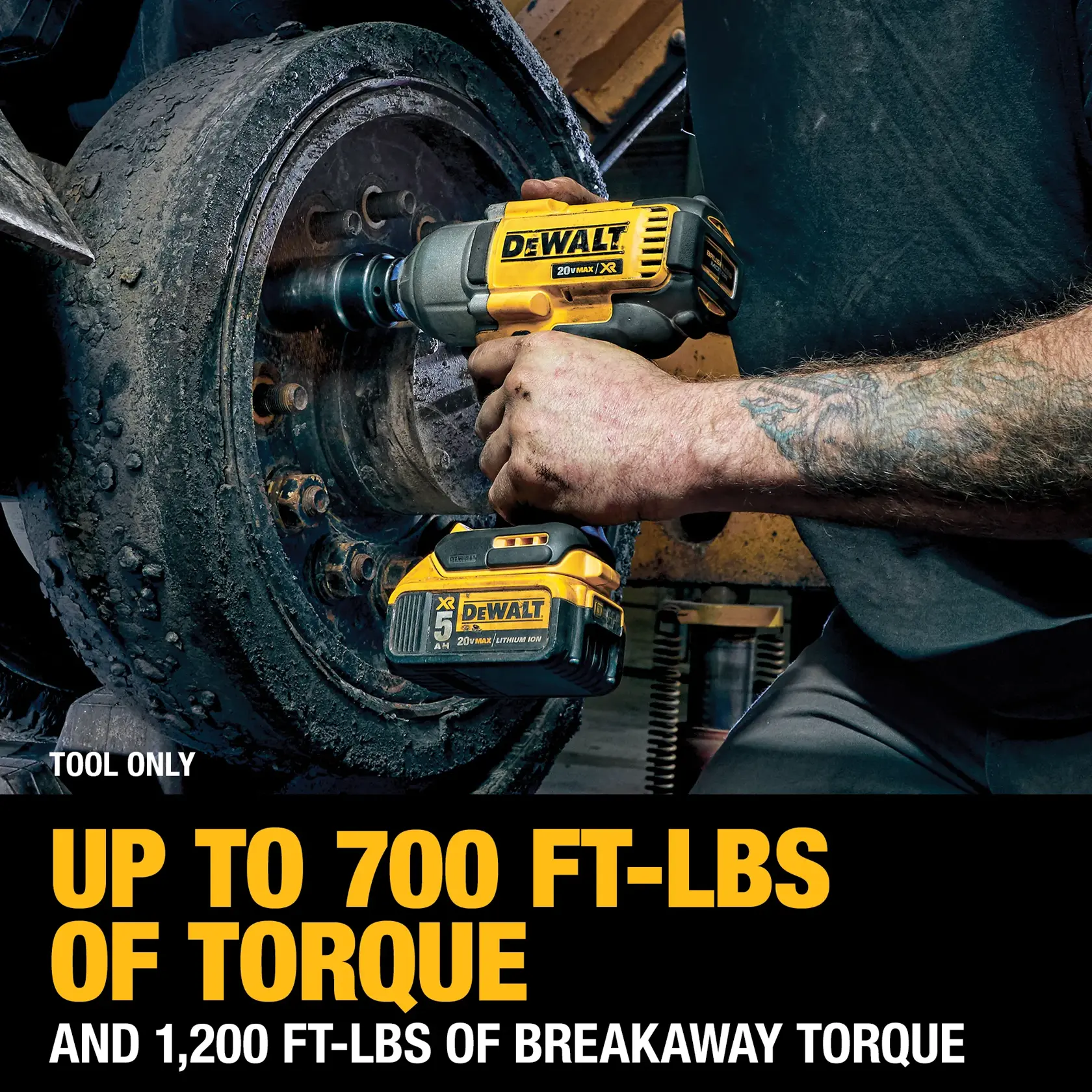 A person uses a DEWALT 20V MAX XR cordless impact wrench to work on a large vehicle wheel. The product advertising highlights up to 700 ft-lbs of torque and 1,200 ft-lbs of breakaway torque. The tool is shown with a DEWALT 5Ah lithium-ion battery attached.